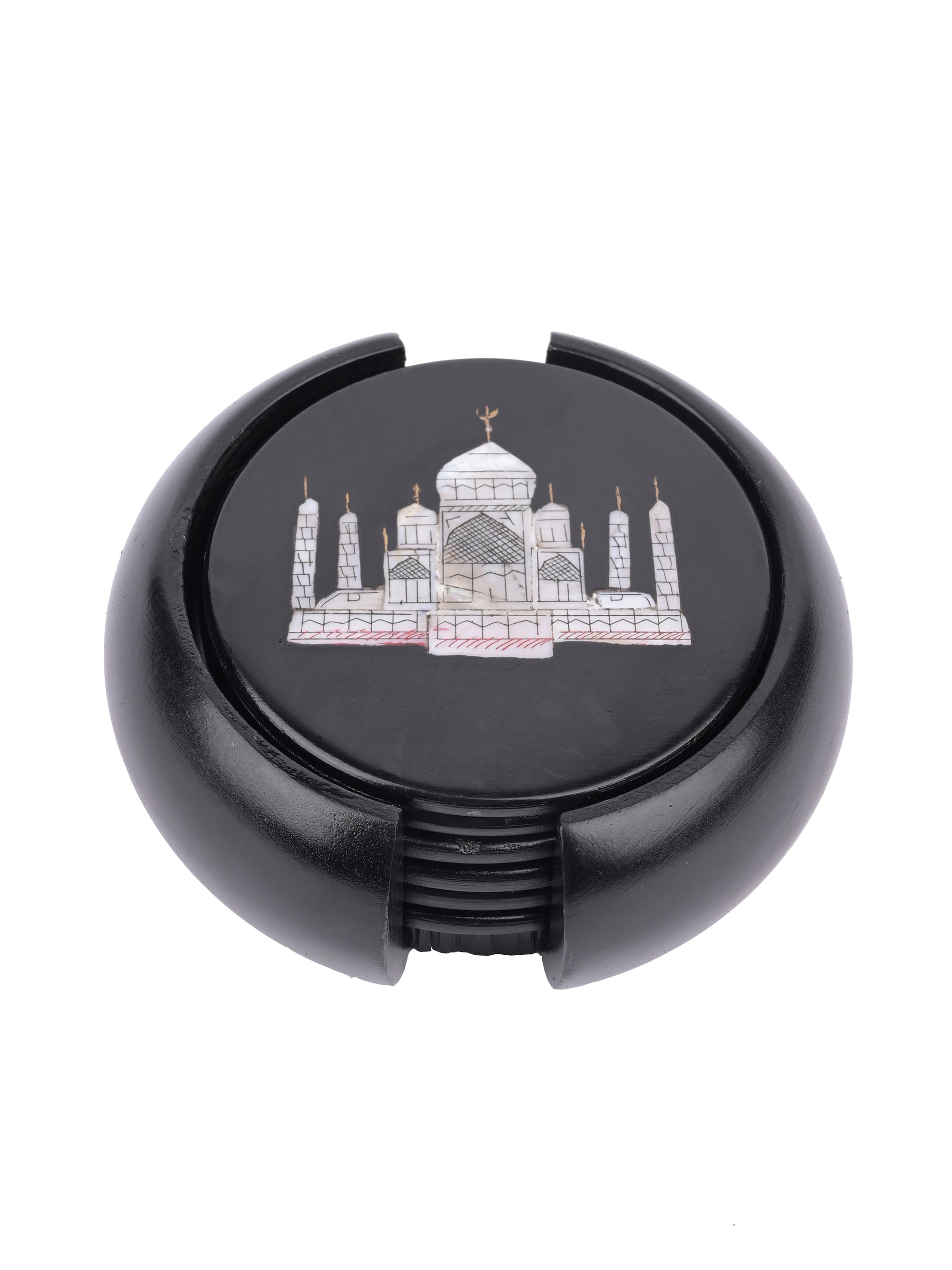 6 pieces coaster set with holder made of black marble - The Heritage Artifacts