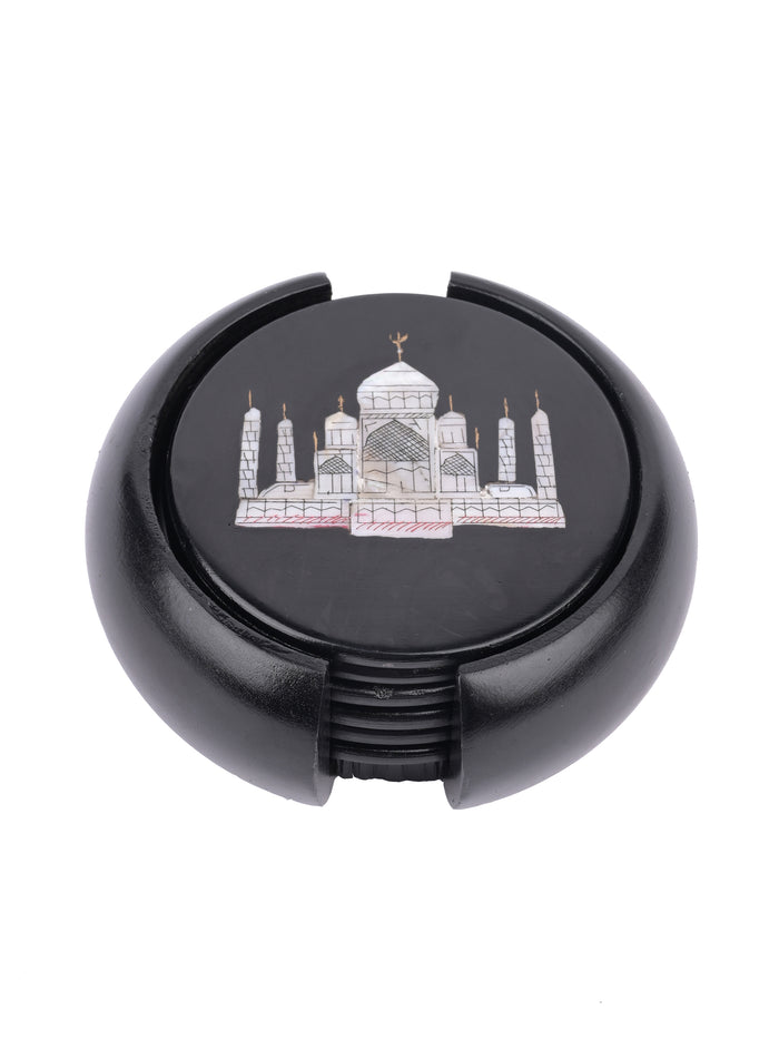 6 pieces coaster set with holder made of black marble - The Heritage Artifacts