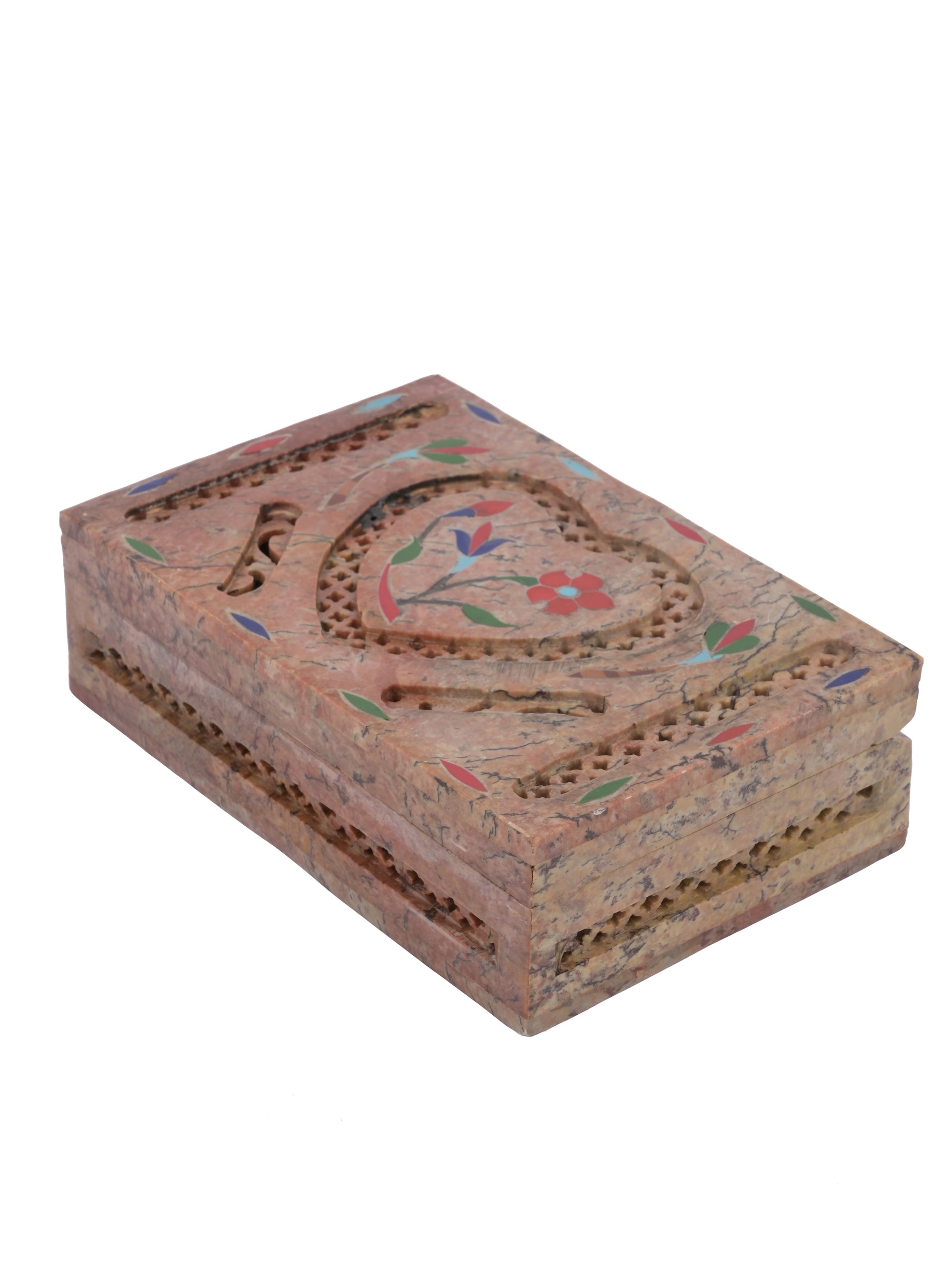 Stone crafted Jewellery box made with combination of jali work and hand painting - The Heritage Artifacts