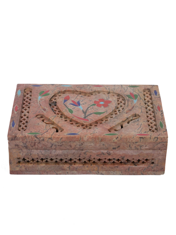 Stone crafted Jewellery box made with combination of jali work and hand painting - The Heritage Artifacts