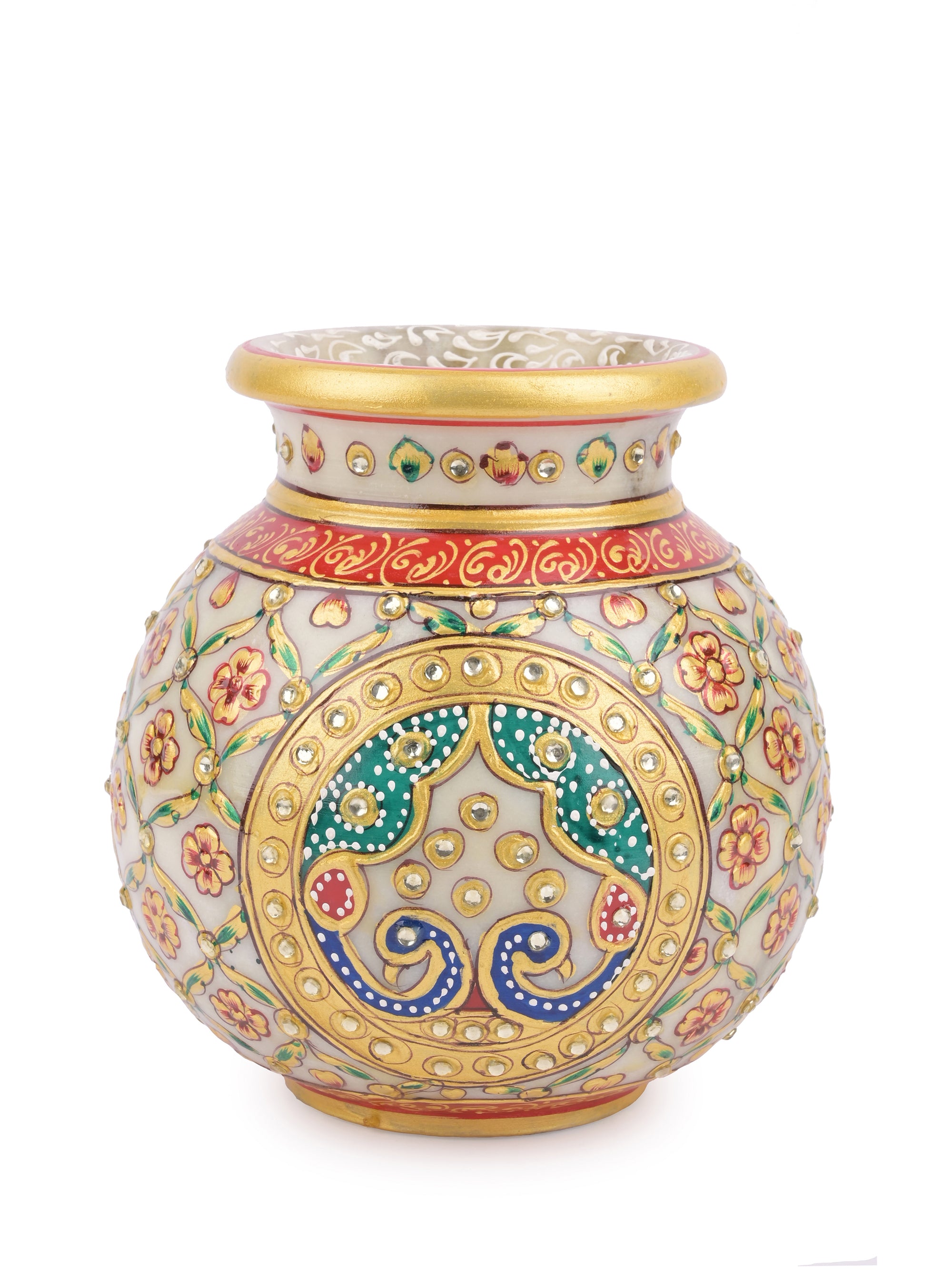 Traditional marble pitcher / kalash with meenakari flower painting - medium size - The Heritage Artifacts