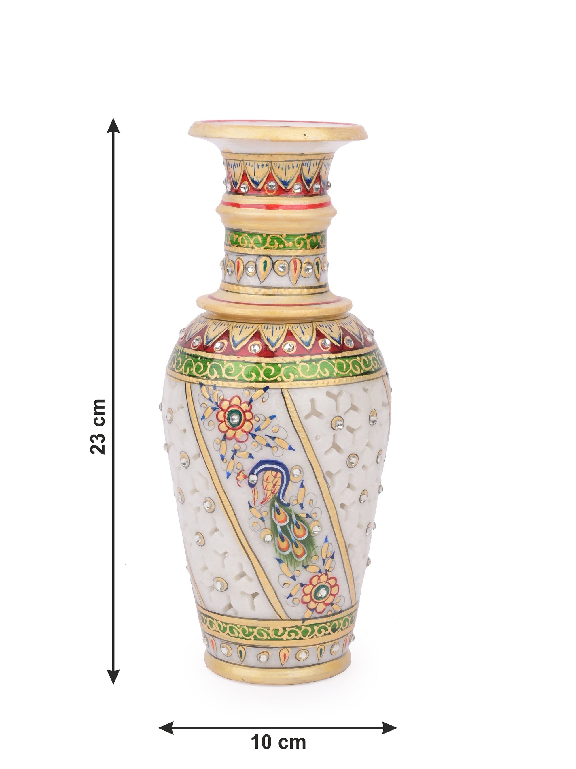 9 inches designer marble flower vase with blue peacock design - The Heritage Artifacts
