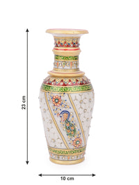 9 inches designer marble flower vase with blue peacock design - The Heritage Artifacts