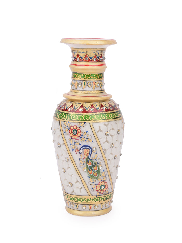 9 inches designer marble flower vase with blue peacock design - The Heritage Artifacts