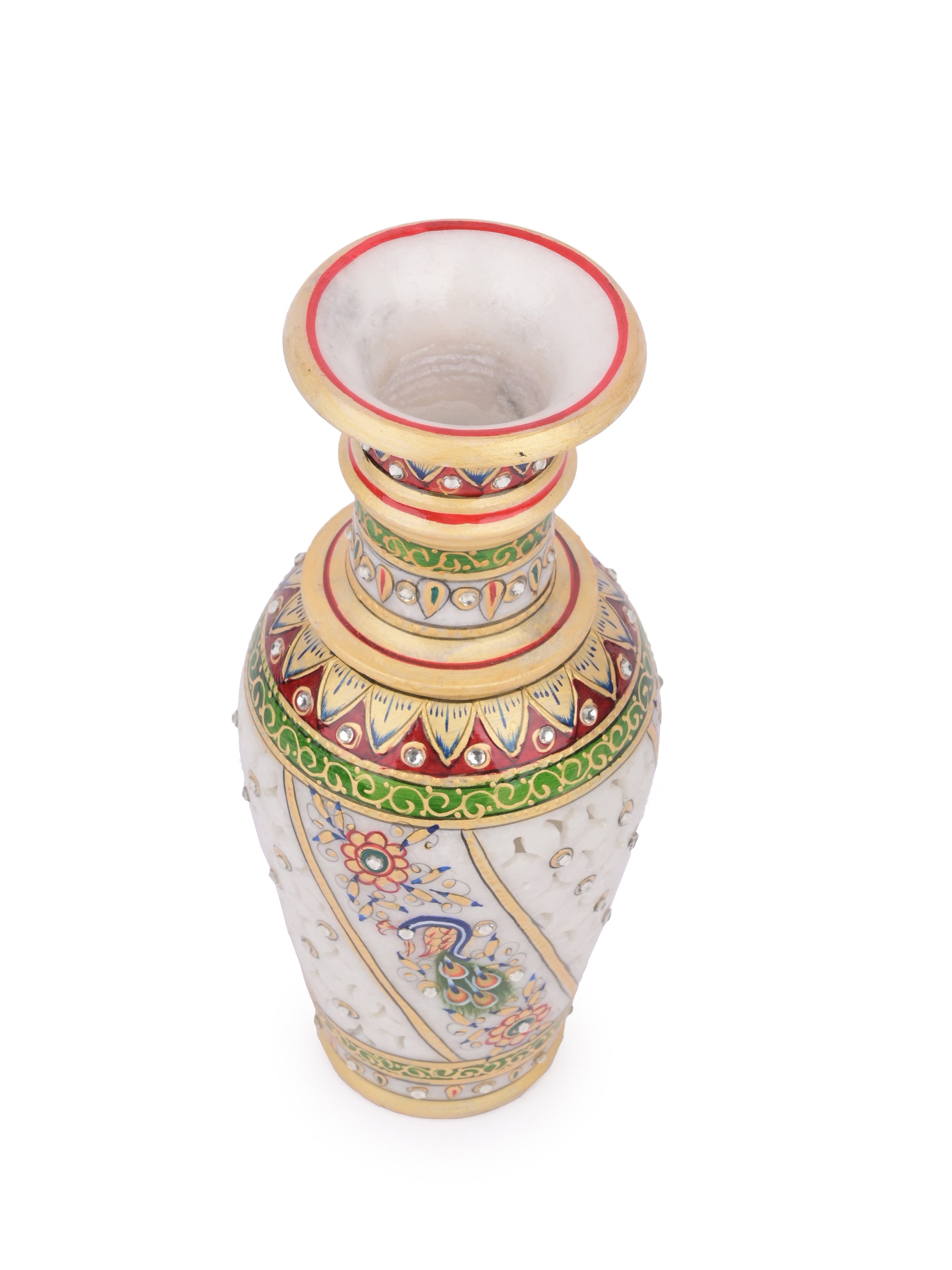 9 inches designer marble flower vase with blue peacock design - The Heritage Artifacts