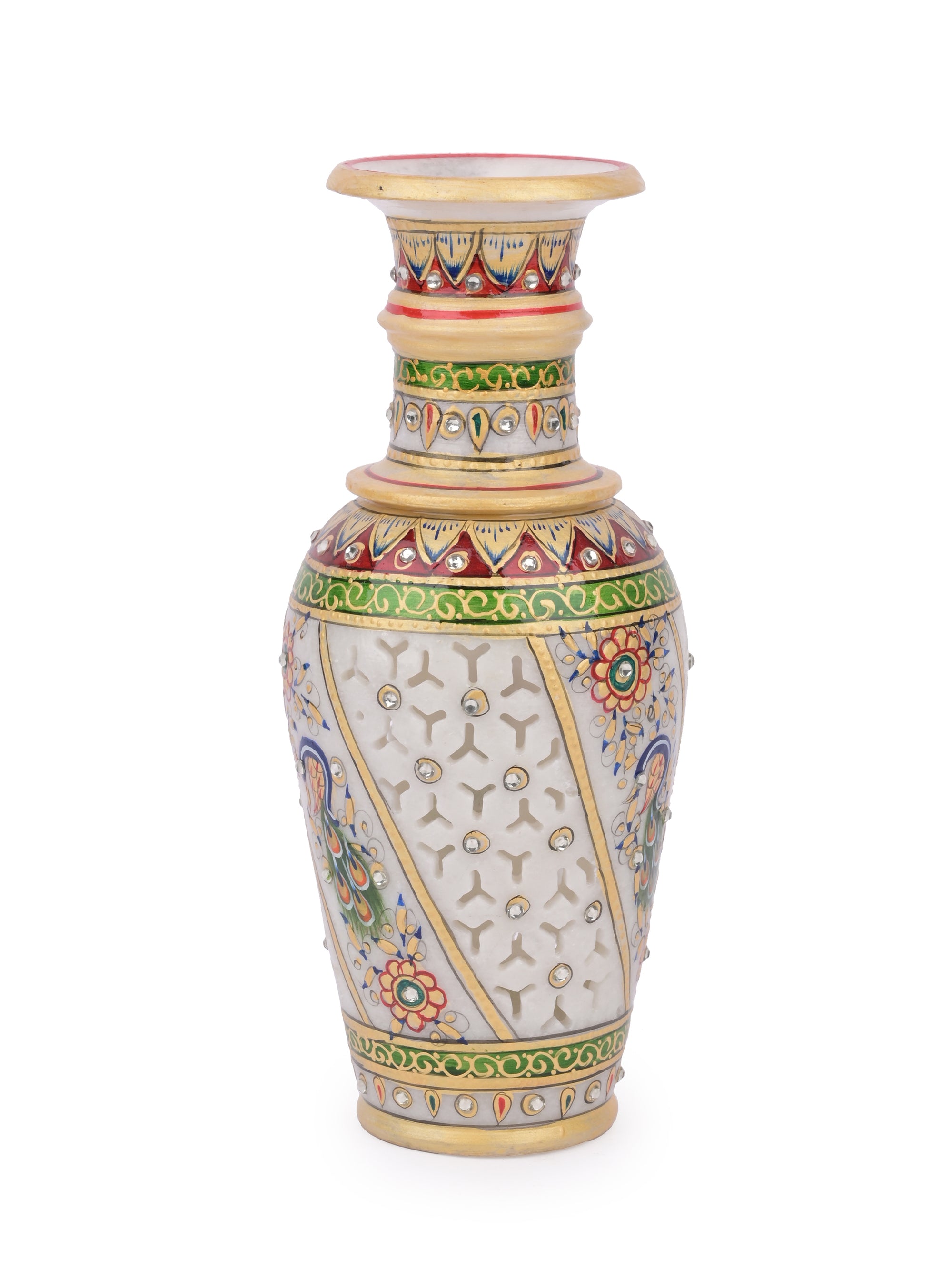 9 inches designer marble flower vase with blue peacock design - The Heritage Artifacts