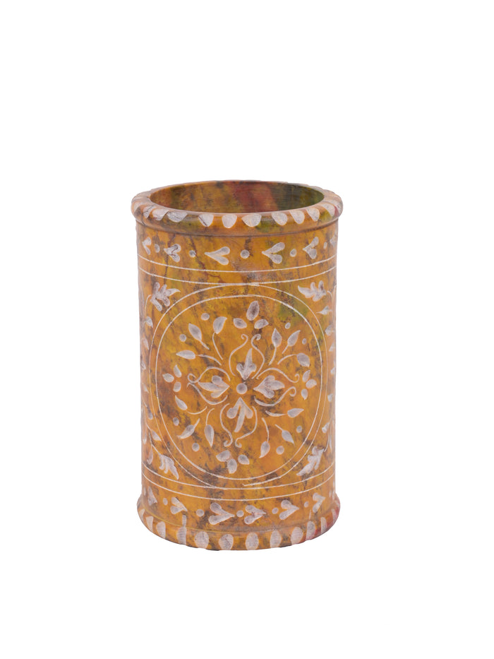 Hand crafted soap stone pen holder in yellow color - The Heritage Artifacts