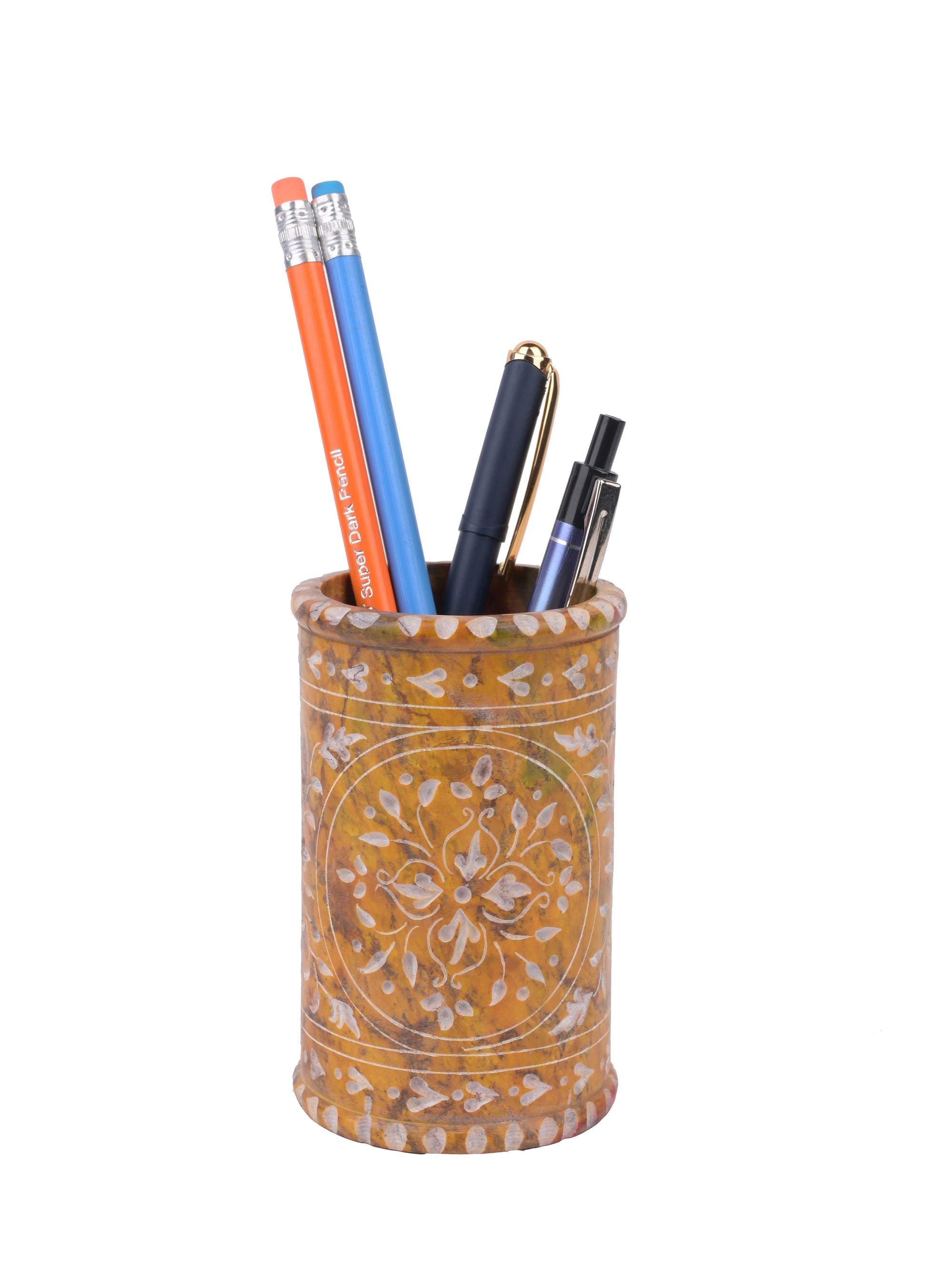 Hand crafted soap stone pen holder in yellow color - The Heritage Artifacts