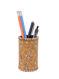 Hand crafted soap stone pen holder in yellow color - The Heritage Artifacts