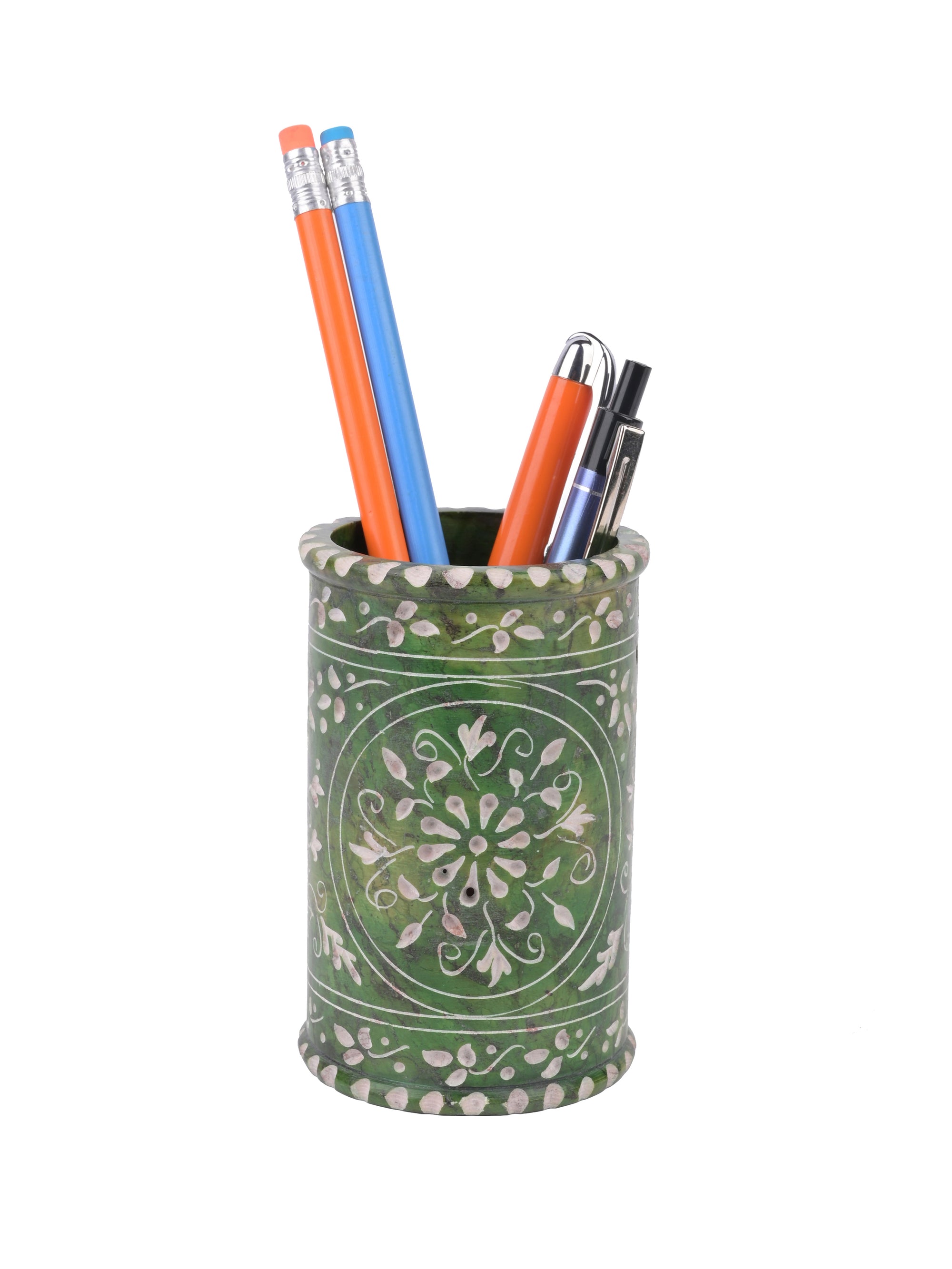 Hand crafted soap stone pen holder in green color - The Heritage Artifacts