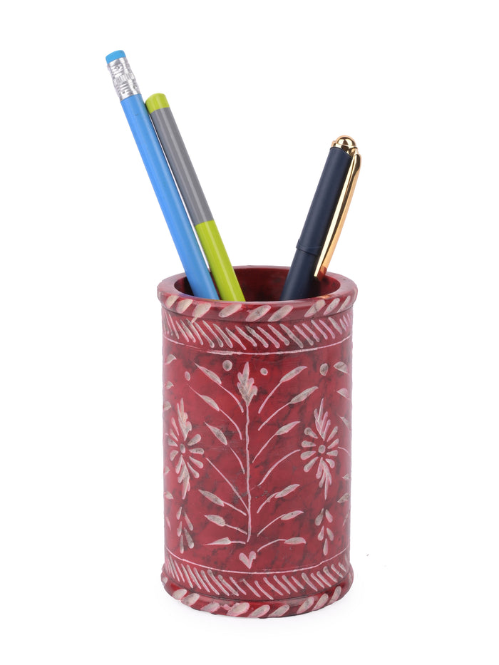 Hand crafted soap stone pen holder in red color - The Heritage Artifacts