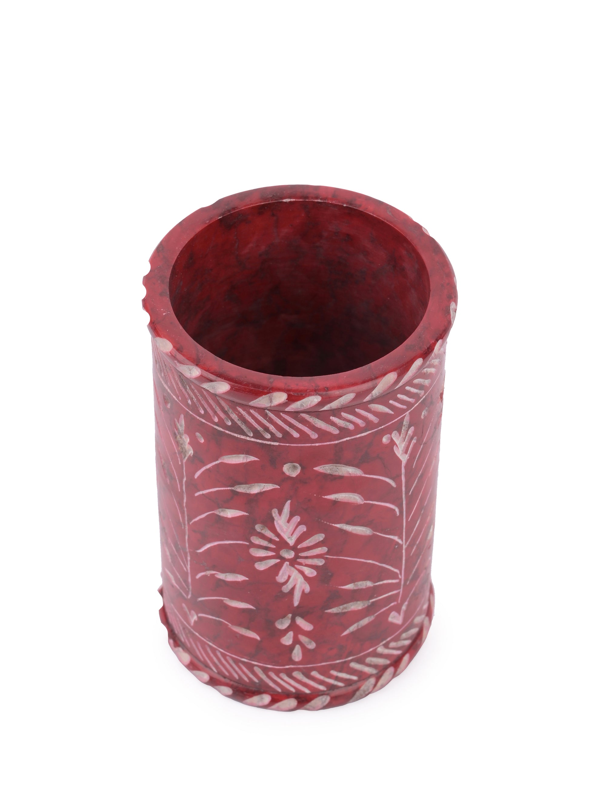 Hand crafted soap stone pen holder in red color - The Heritage Artifacts