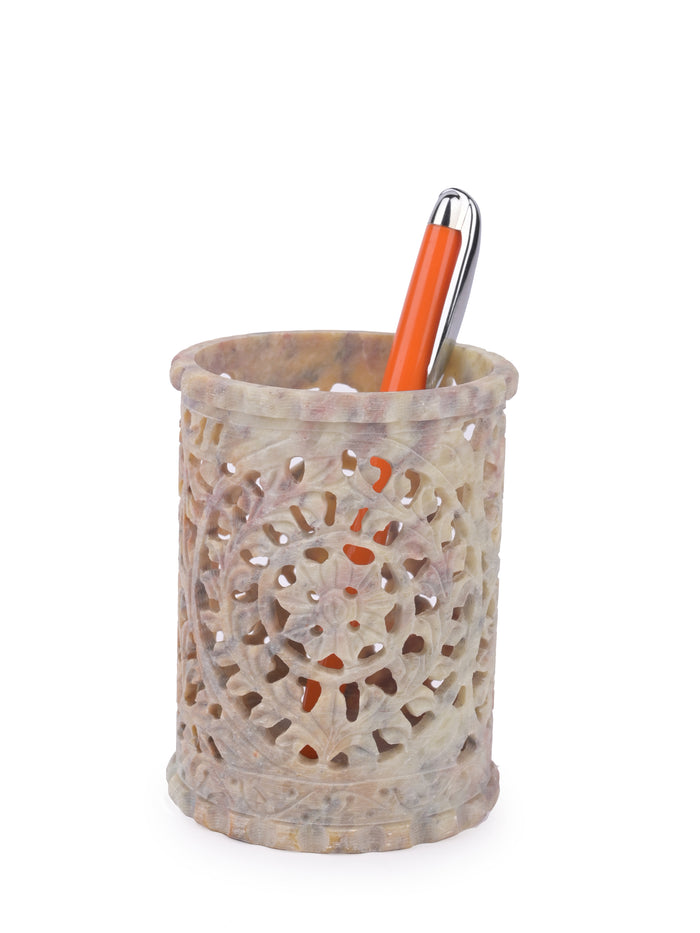 Soapstone hand carved flower design pen stand - Natural beige color - The Heritage Artifacts