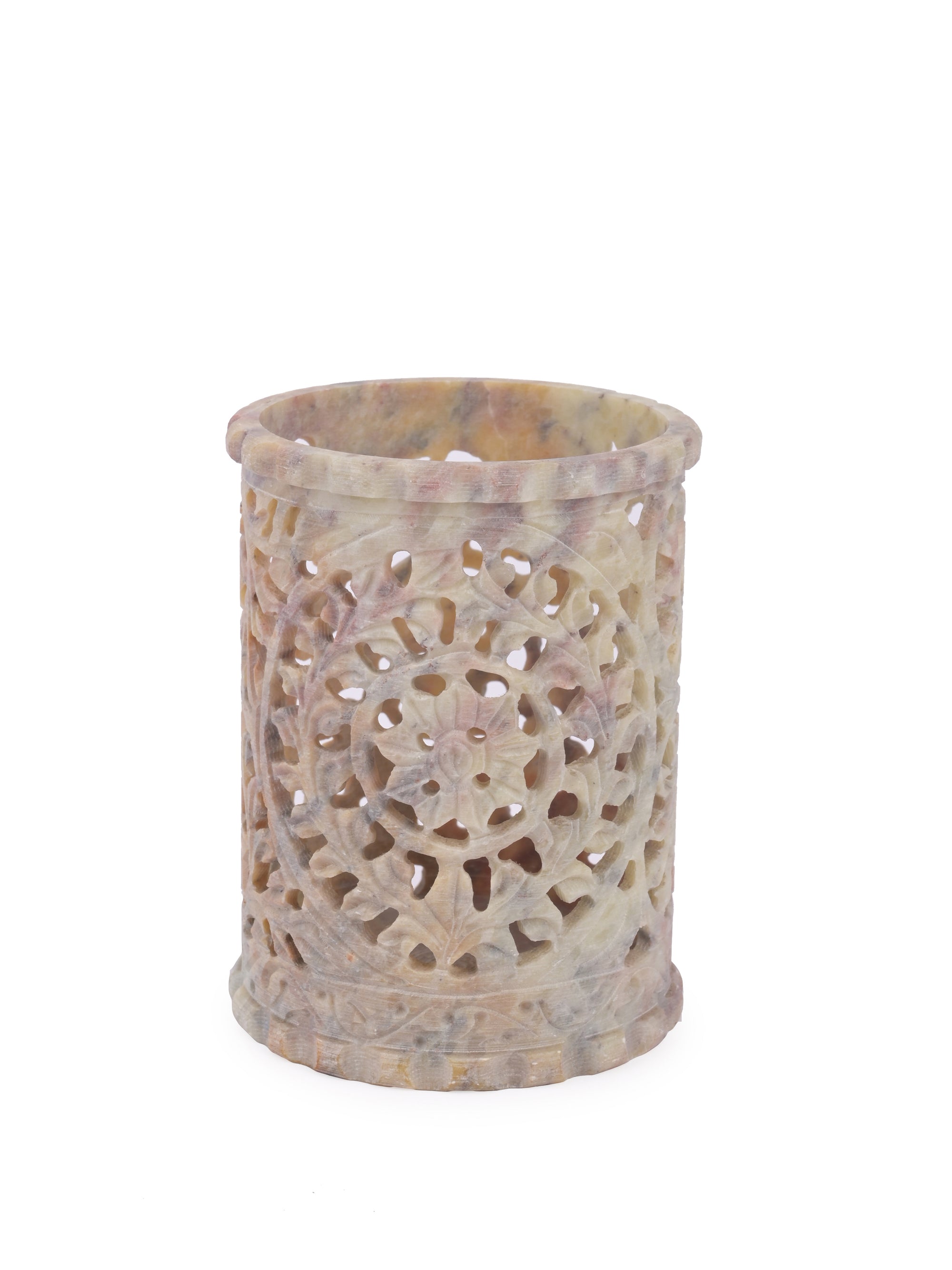 Soapstone hand carved flower design pen stand - Natural beige color - The Heritage Artifacts