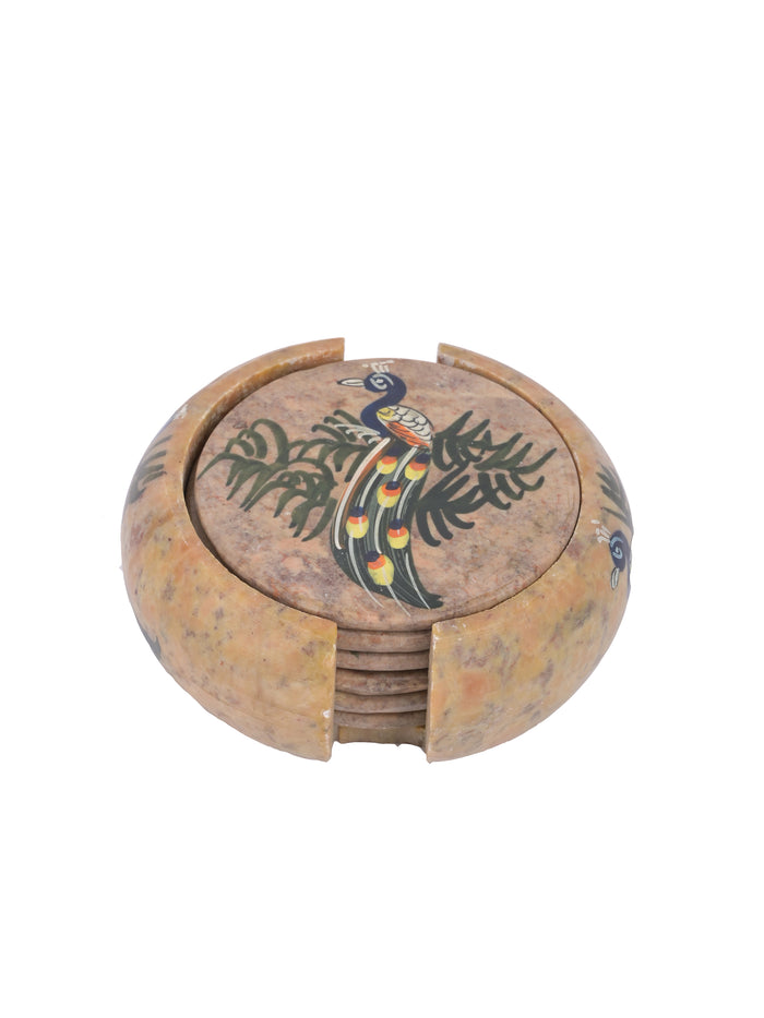 6 pieces coaster set with holder made from yellow paleva stone - The Heritage Artifacts