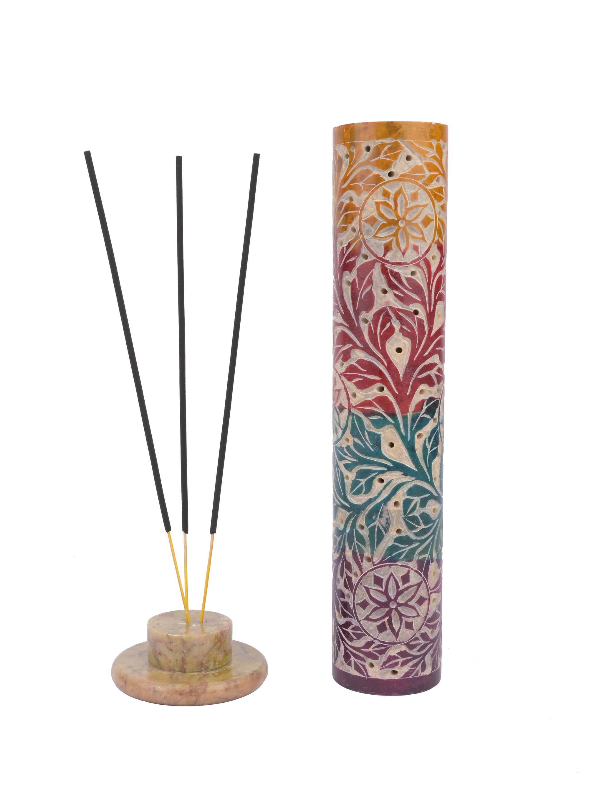 Soapstone carved colorful Incense Stick / Agarbatti Holder - 10 inches height - The Heritage Artifacts
