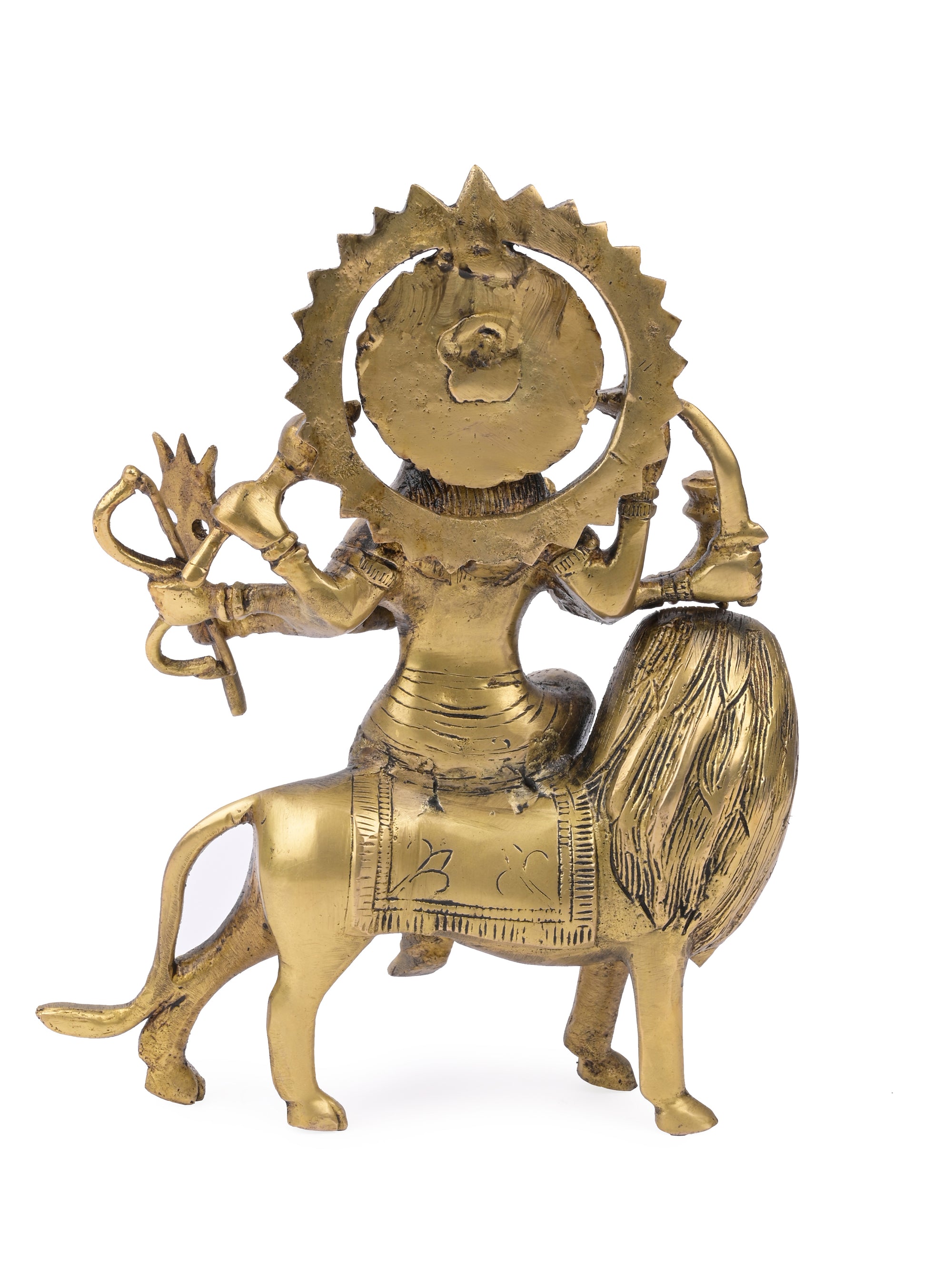 Brass idol of Goddess Durga / Sherawali Mata riding on a Lion - The Heritage Artifacts