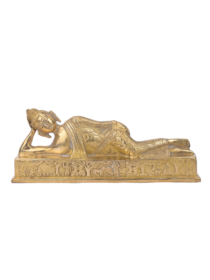12 inches Sleeping Lord Buddha Idol made of Brass with antique finish - The Heritage Artifacts