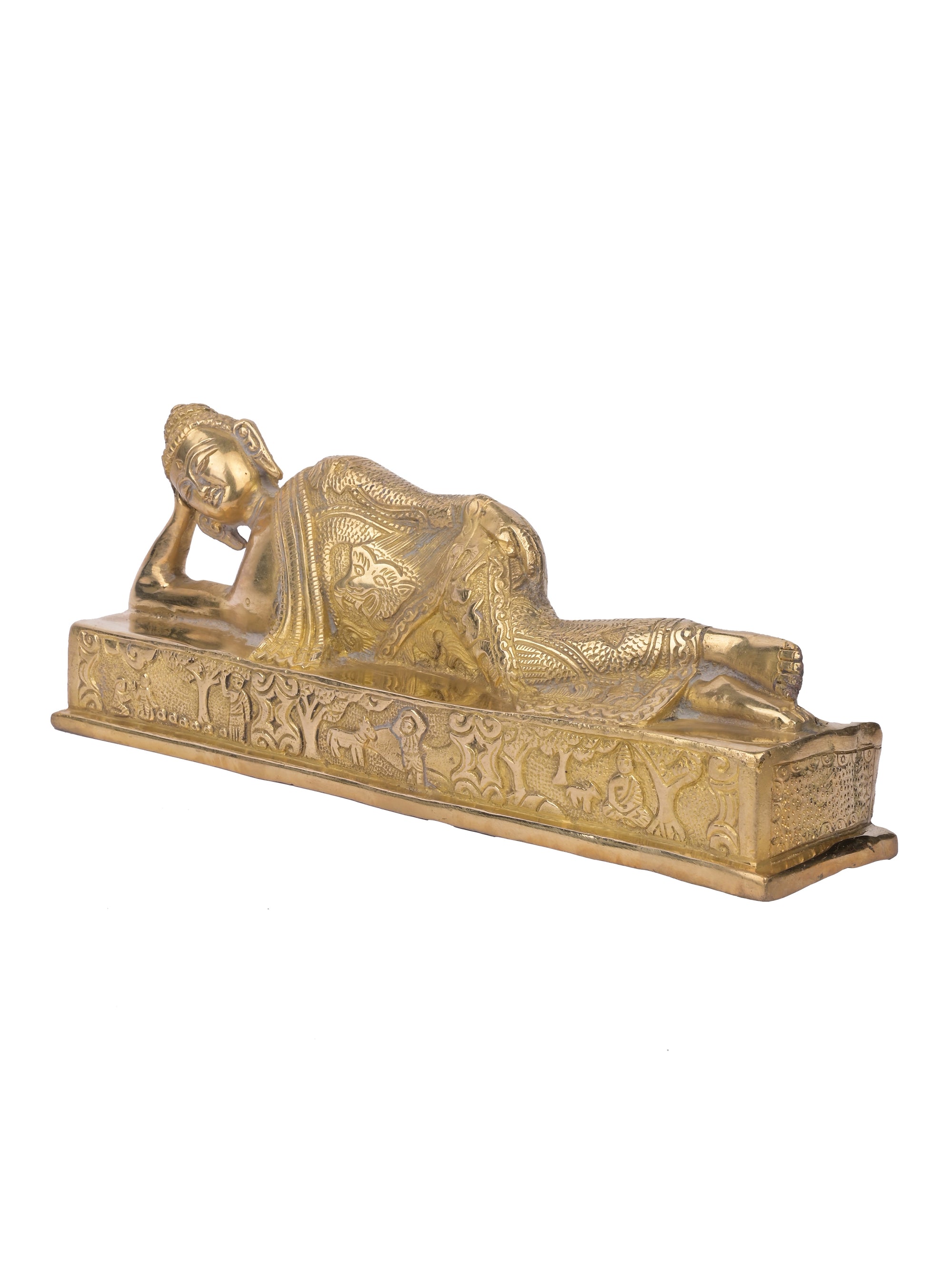 12 inches Sleeping Lord Buddha Idol made of Brass with antique finish - The Heritage Artifacts