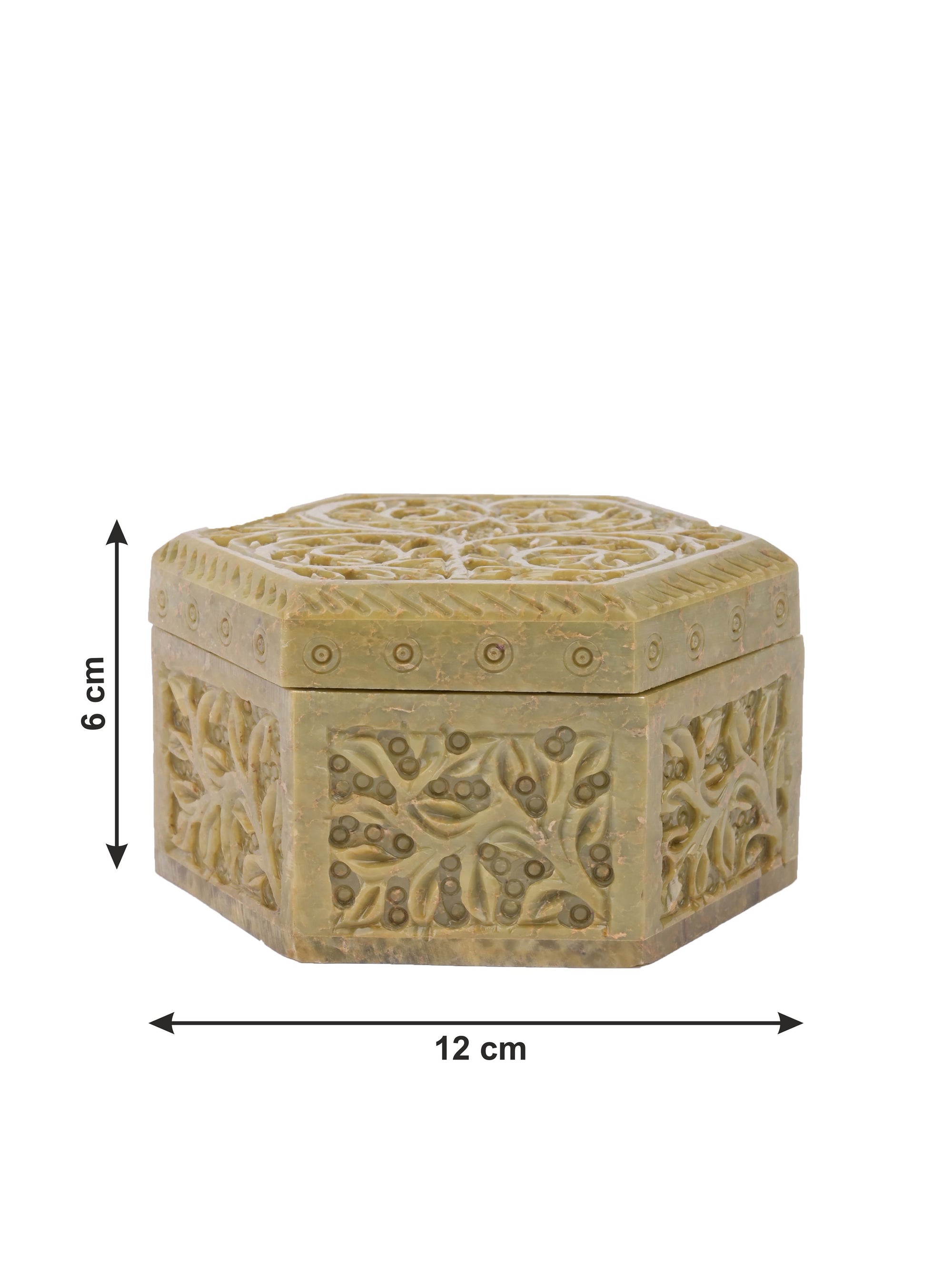 Hand carved Soapstone jewellery box, hexagonal shaped - The Heritage Artifacts