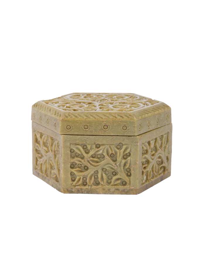 Hand carved Soapstone jewellery box, hexagonal shaped - The Heritage Artifacts