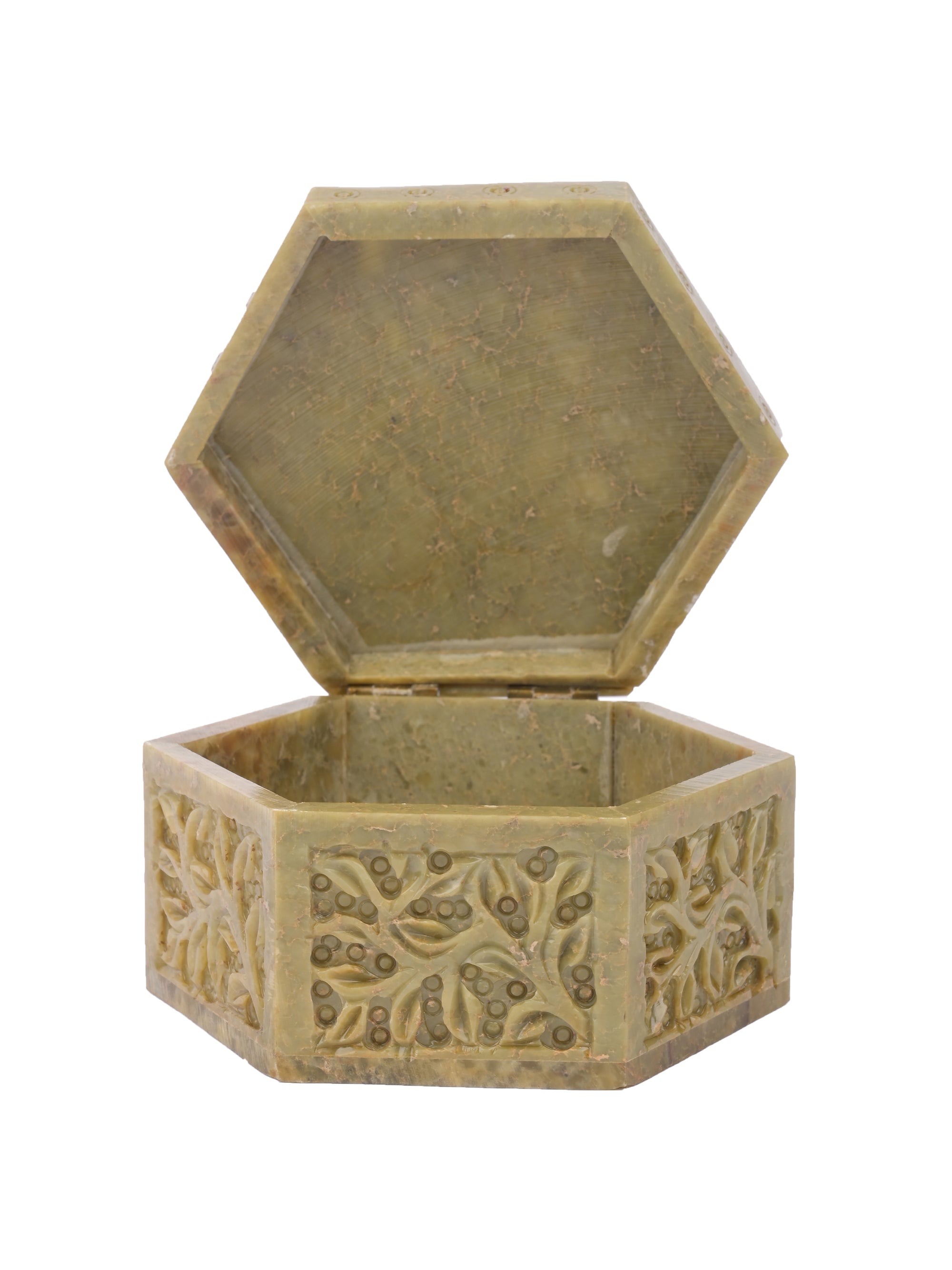 Hand carved Soapstone jewellery box, hexagonal shaped - The Heritage Artifacts