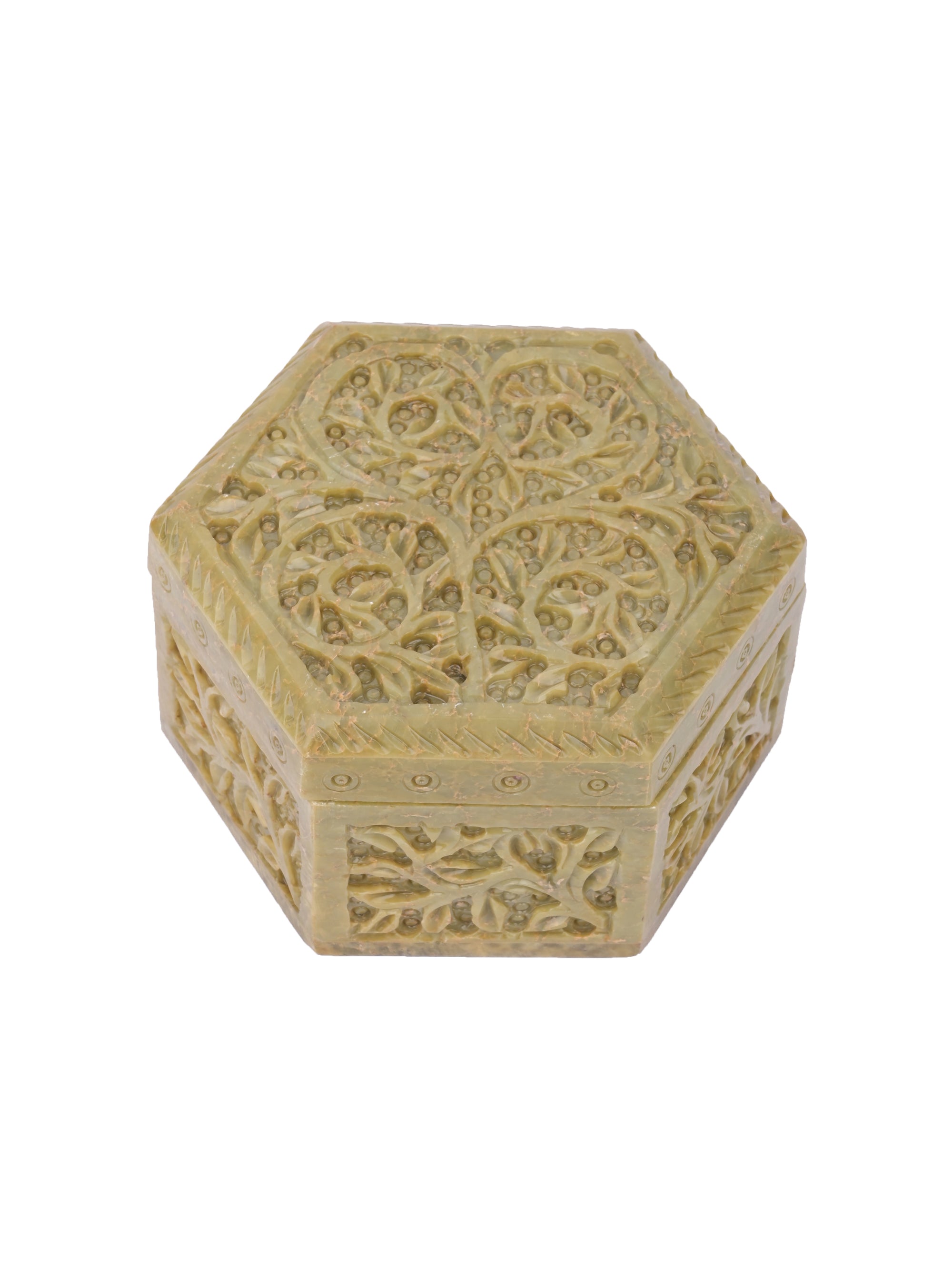 Hand carved Soapstone jewellery box, hexagonal shaped - The Heritage Artifacts