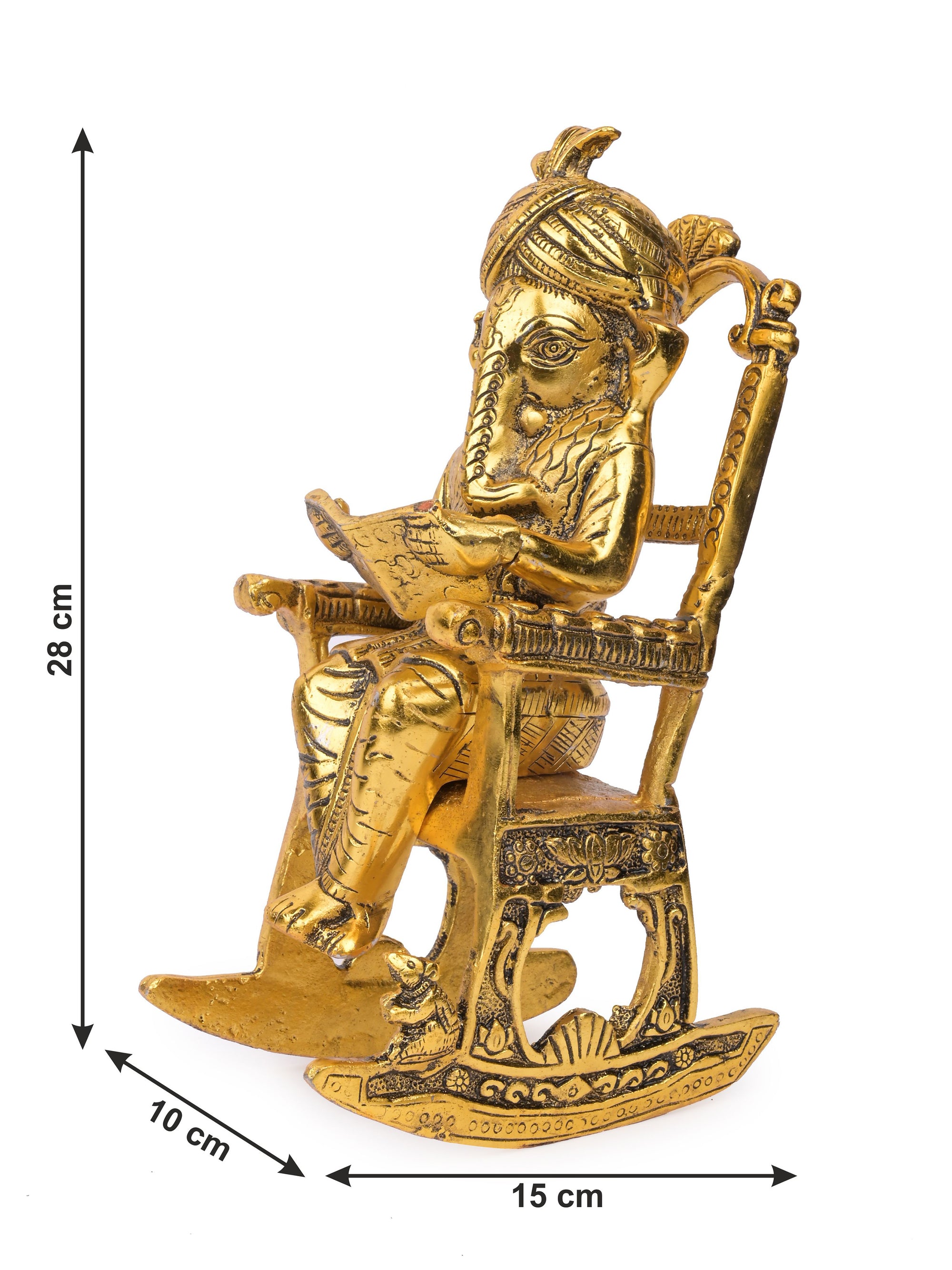 Antique Gold finish Idol of Lord Ganesh reading book on a easy chair - The Heritage Artifacts