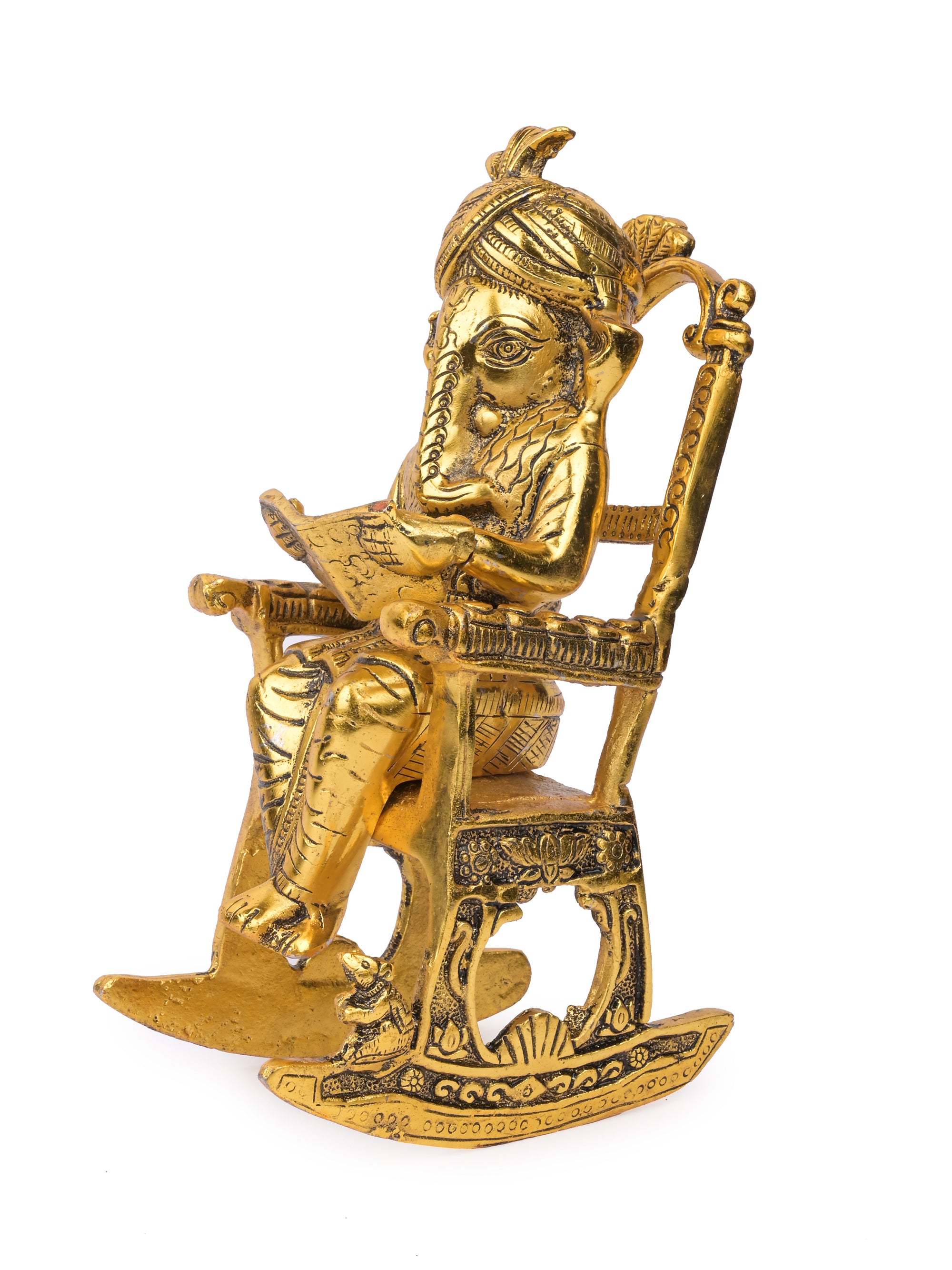 Antique Gold finish Idol of Lord Ganesh reading book on a easy chair - The Heritage Artifacts