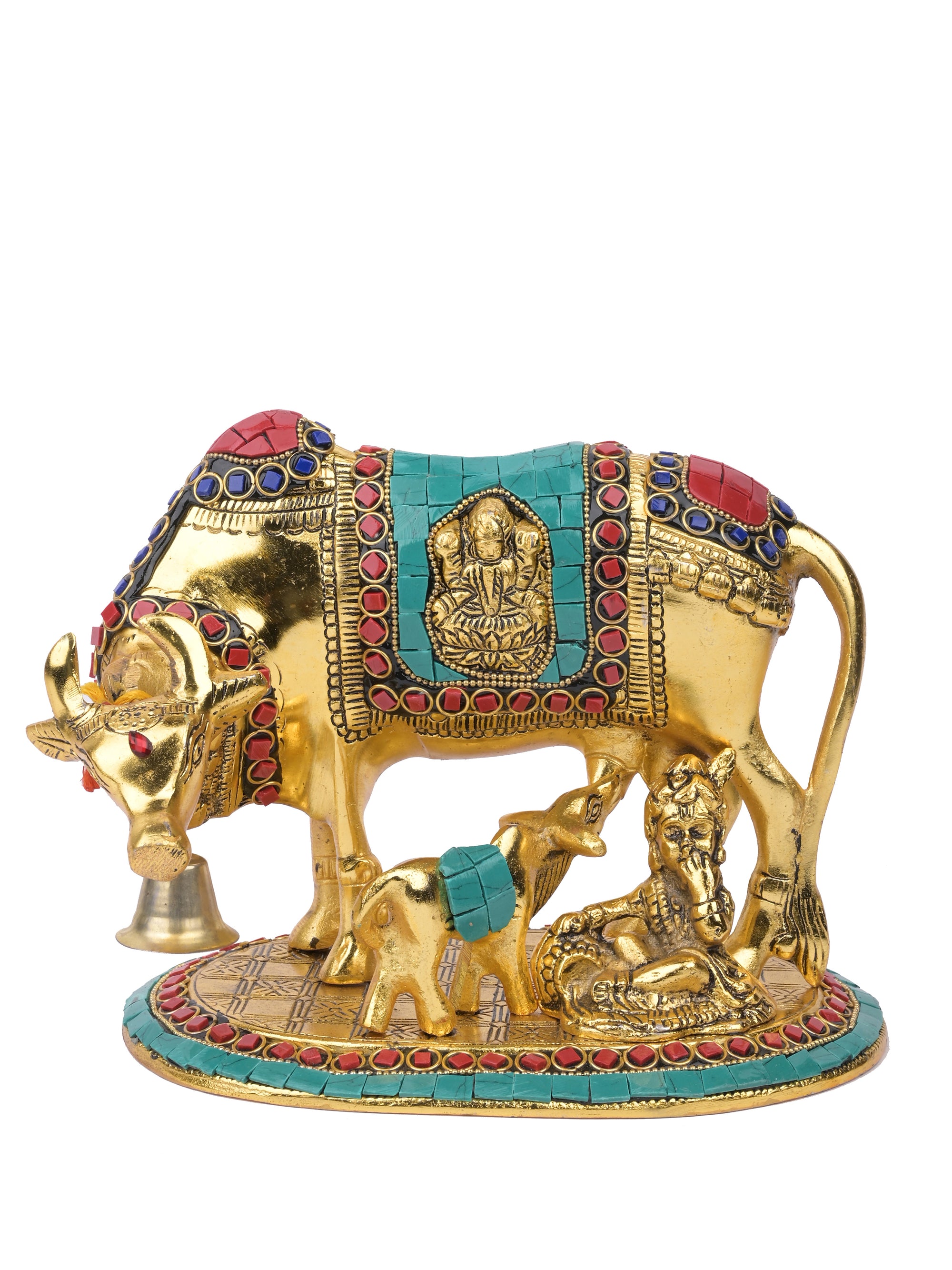 Solid aluminum crafted, gold finish,  Kamdhenu cow with calf staue - The Heritage Artifacts