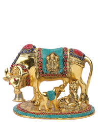 Solid aluminum crafted, gold finish,  Kamdhenu cow with calf staue - The Heritage Artifacts
