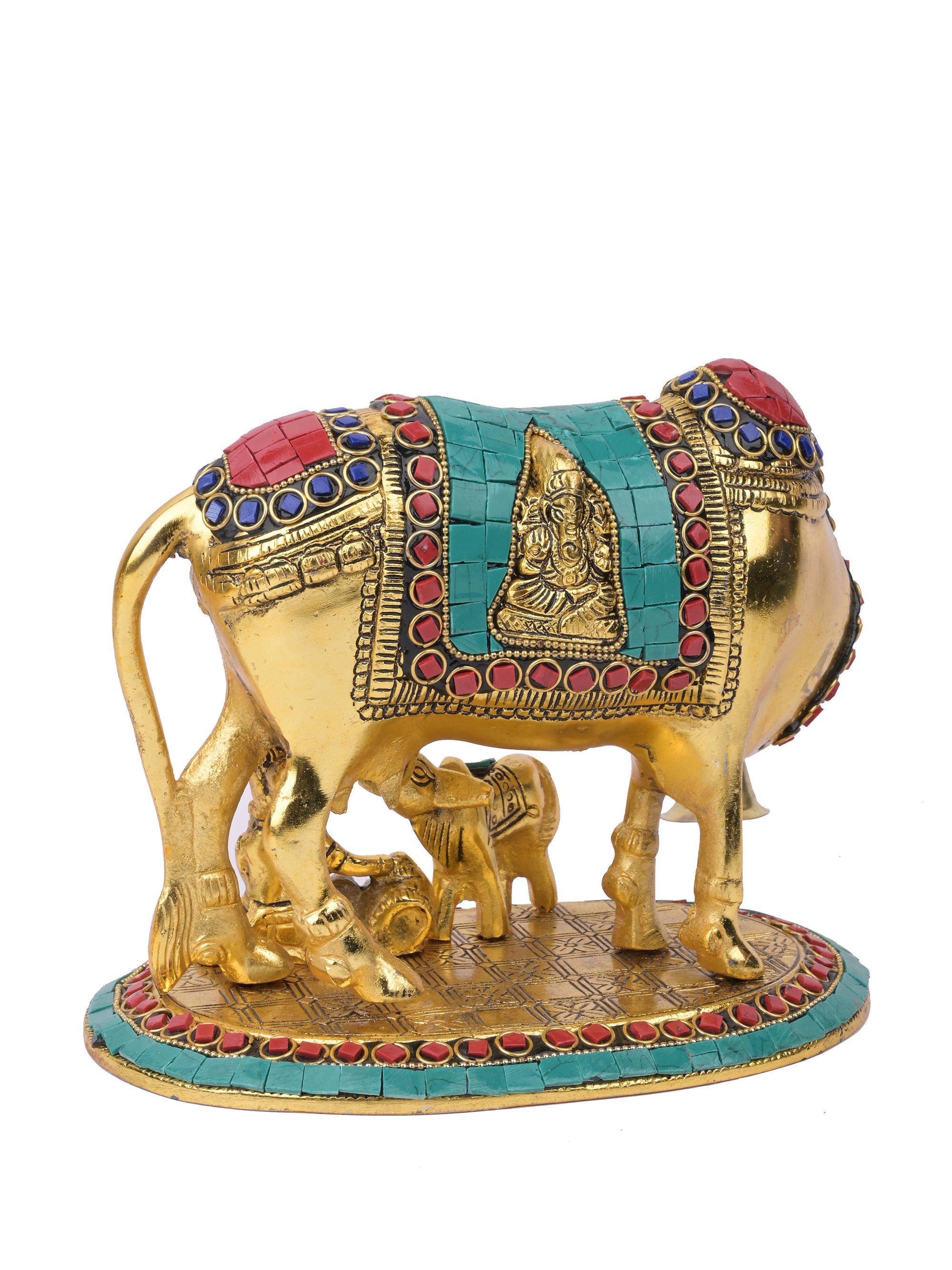 Solid aluminum crafted, gold finish,  Kamdhenu cow with calf staue - The Heritage Artifacts