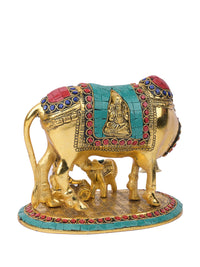 Solid aluminum crafted, gold finish,  Kamdhenu cow with calf staue - The Heritage Artifacts