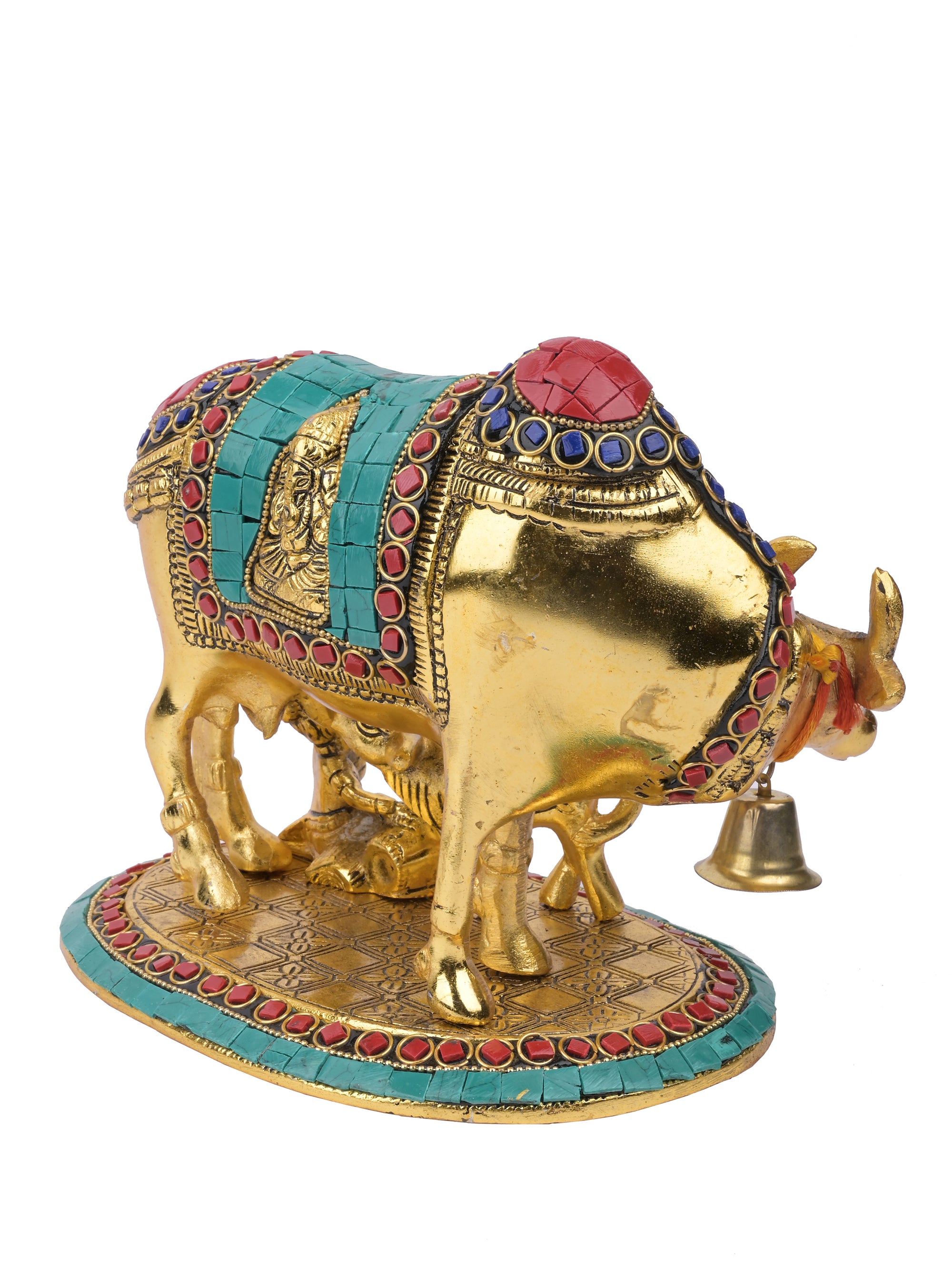 Solid aluminum crafted, gold finish,  Kamdhenu cow with calf staue - The Heritage Artifacts