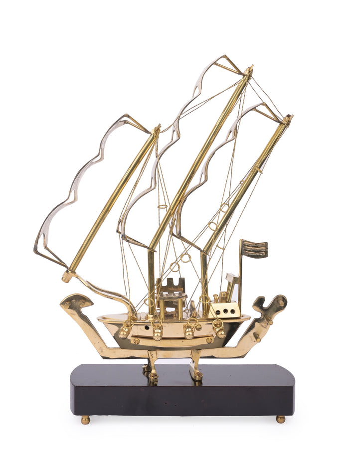 Brass Sailing Pirate Ship on a Wooden Base, Decorative showpiece - The Heritage Artifacts
