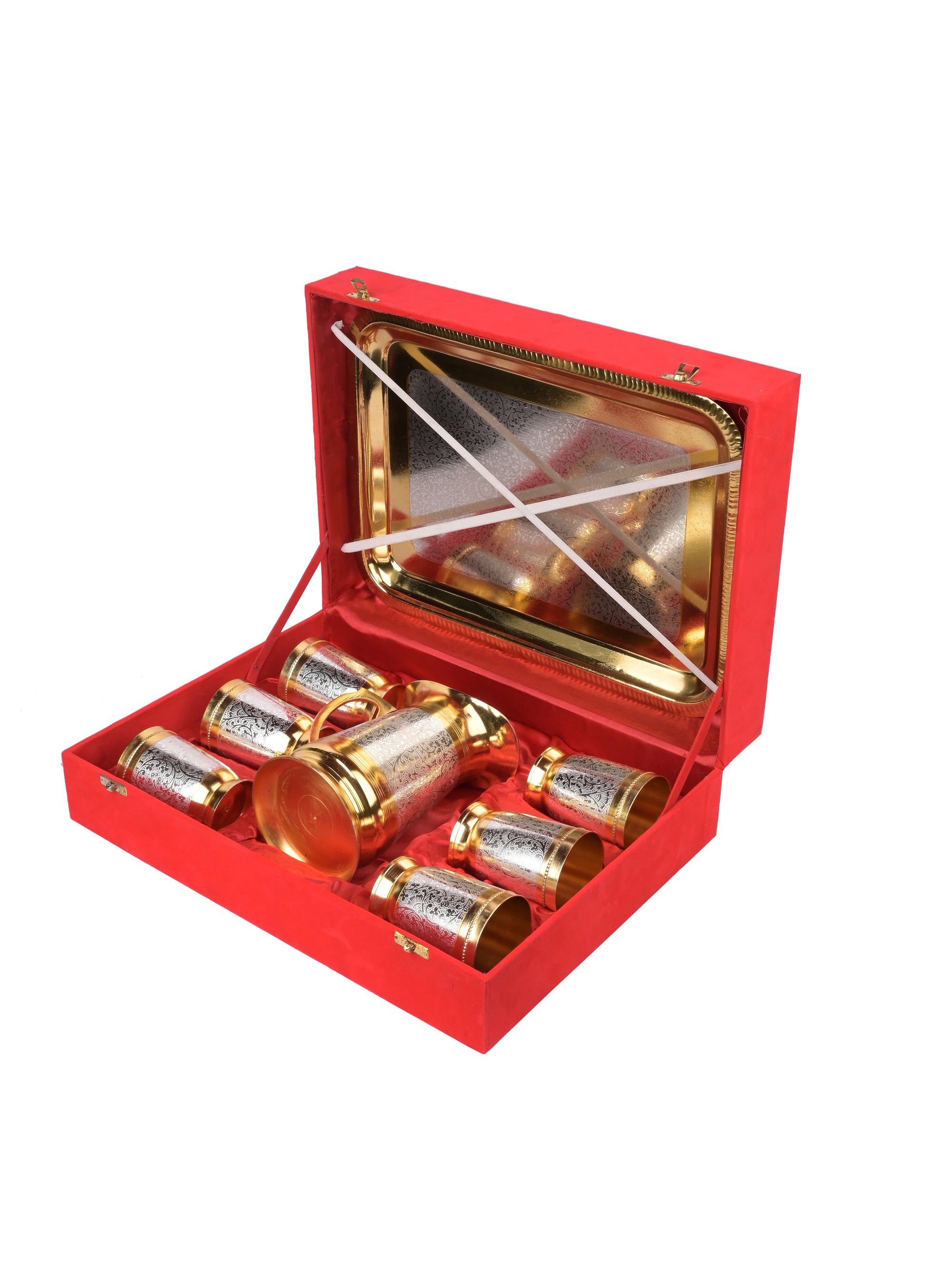 Brass made Stylish Drinkware set consisting of 1 Jug, 6 Glasses and 1 Tray in a Velvet Gift Box - The Heritage Artifacts
