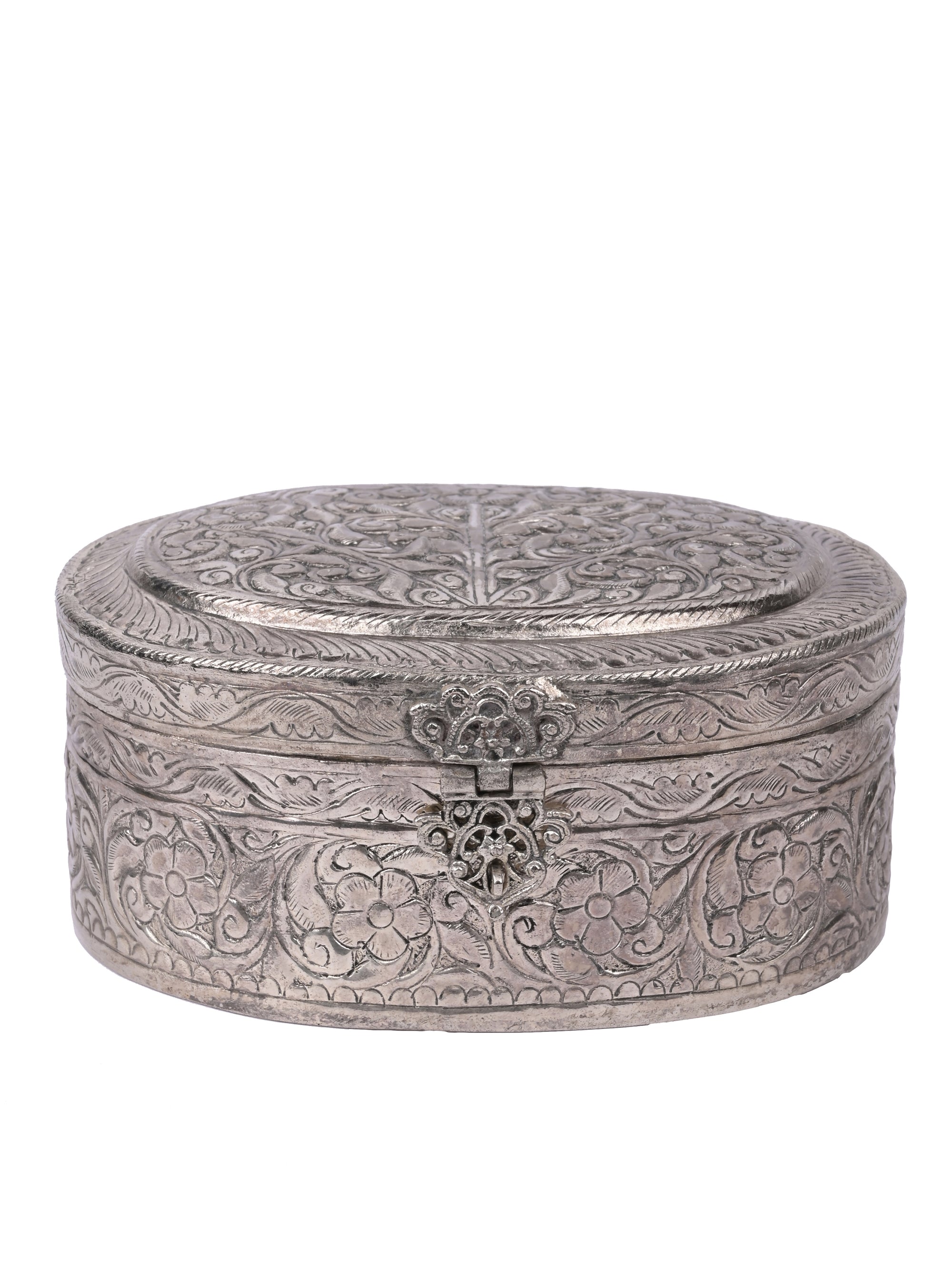 Brass crafted oval Jewellery box with oxidised silver finish - The Heritage Artifacts
