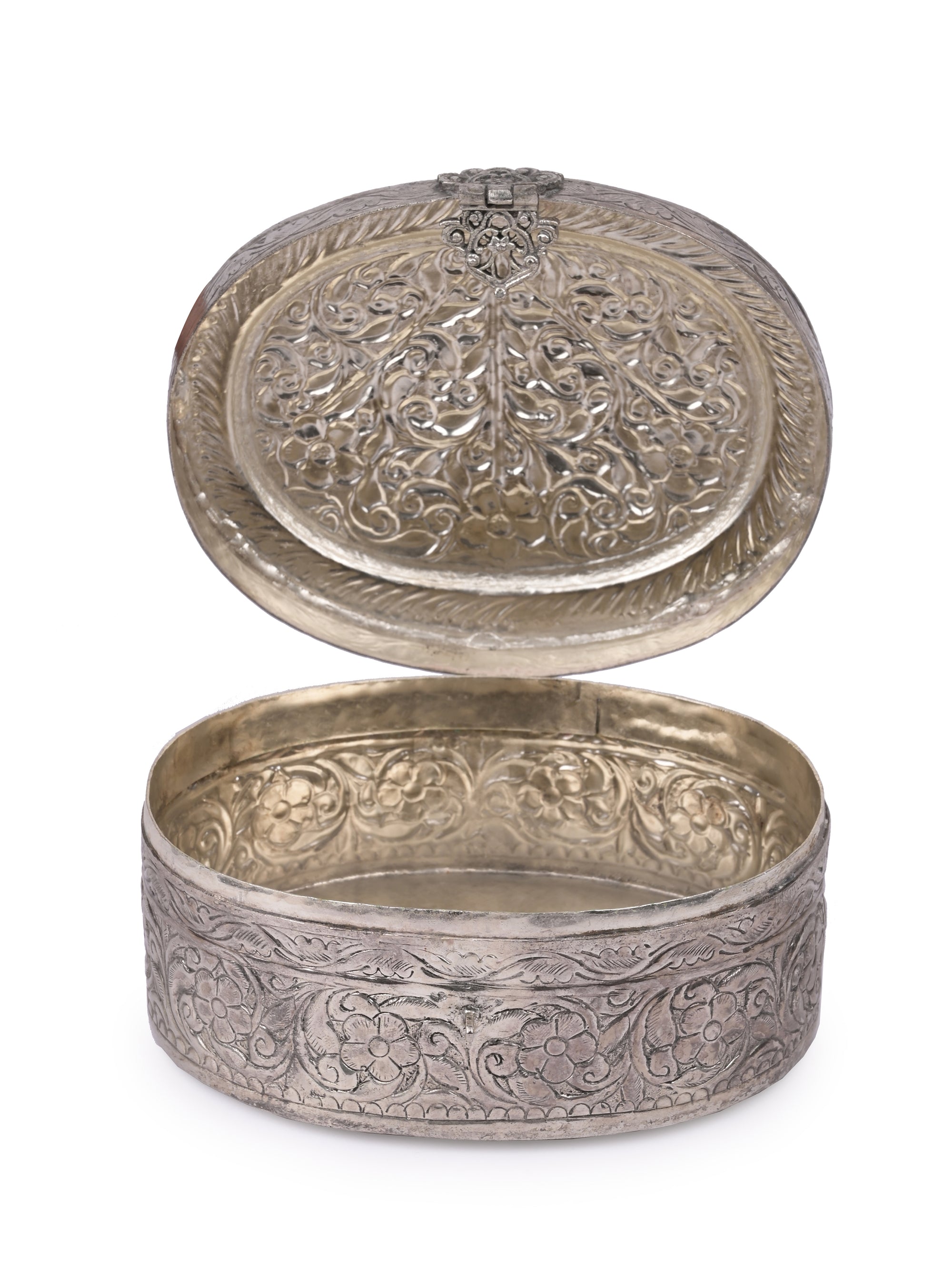 Brass crafted oval Jewellery box with oxidised silver finish - The Heritage Artifacts