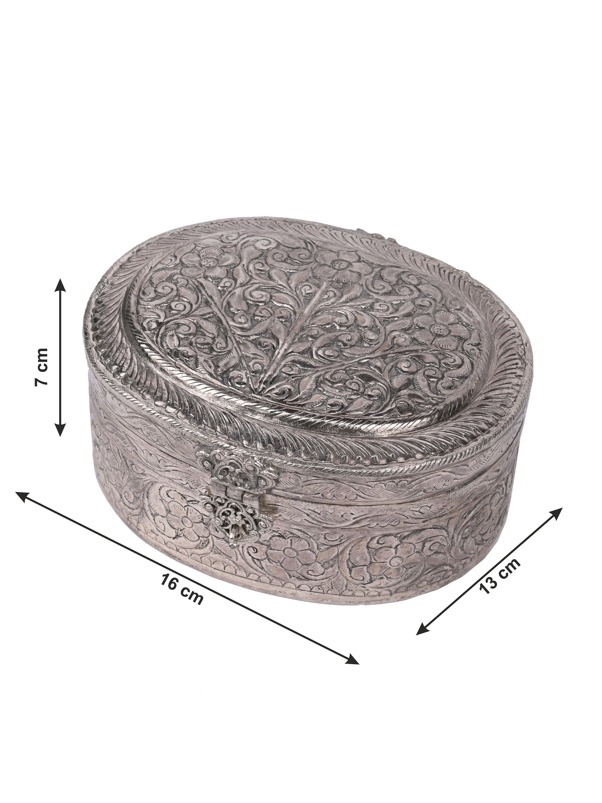 Brass crafted oval Jewellery box with oxidised silver finish - The Heritage Artifacts