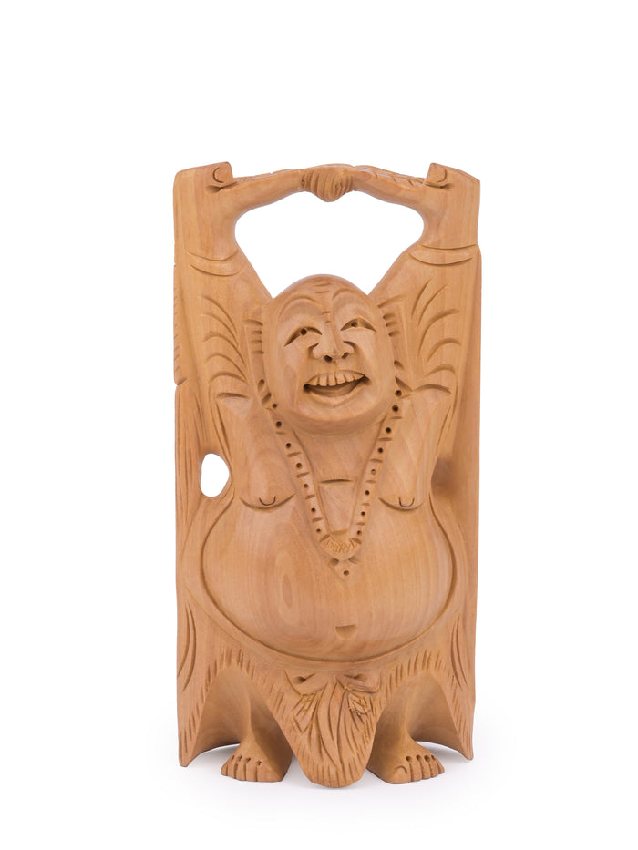 6 inches height Laughing Buddha decor piece made of Kadam wood - The Heritage Artifacts