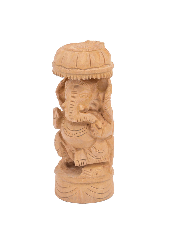 Kadam wood carved round shaped Lord Ganesh with Chatri / Umbrella - 5 inches in height - The Heritage Artifacts