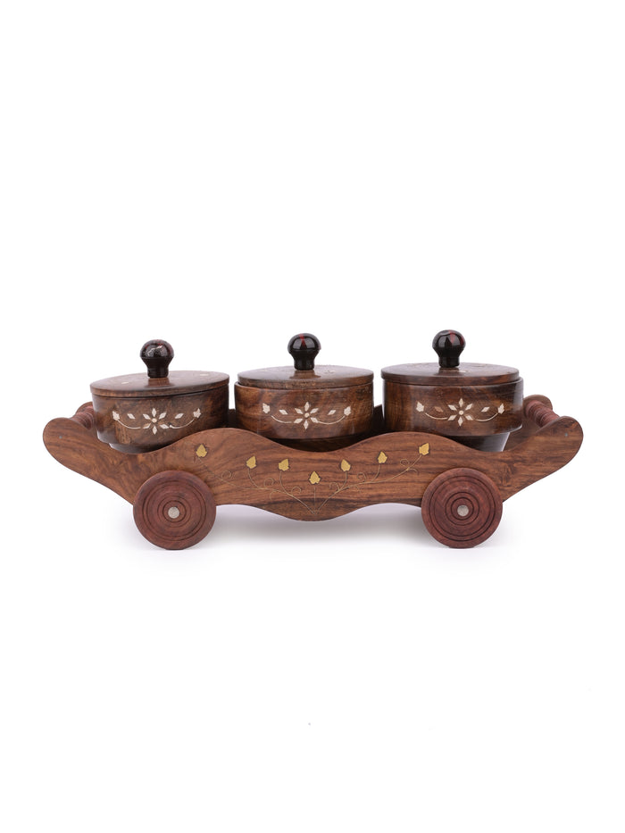 Wooden Container set with Tray for storing Spices / Dry fruits / Mukhwas - The Heritage Artifacts