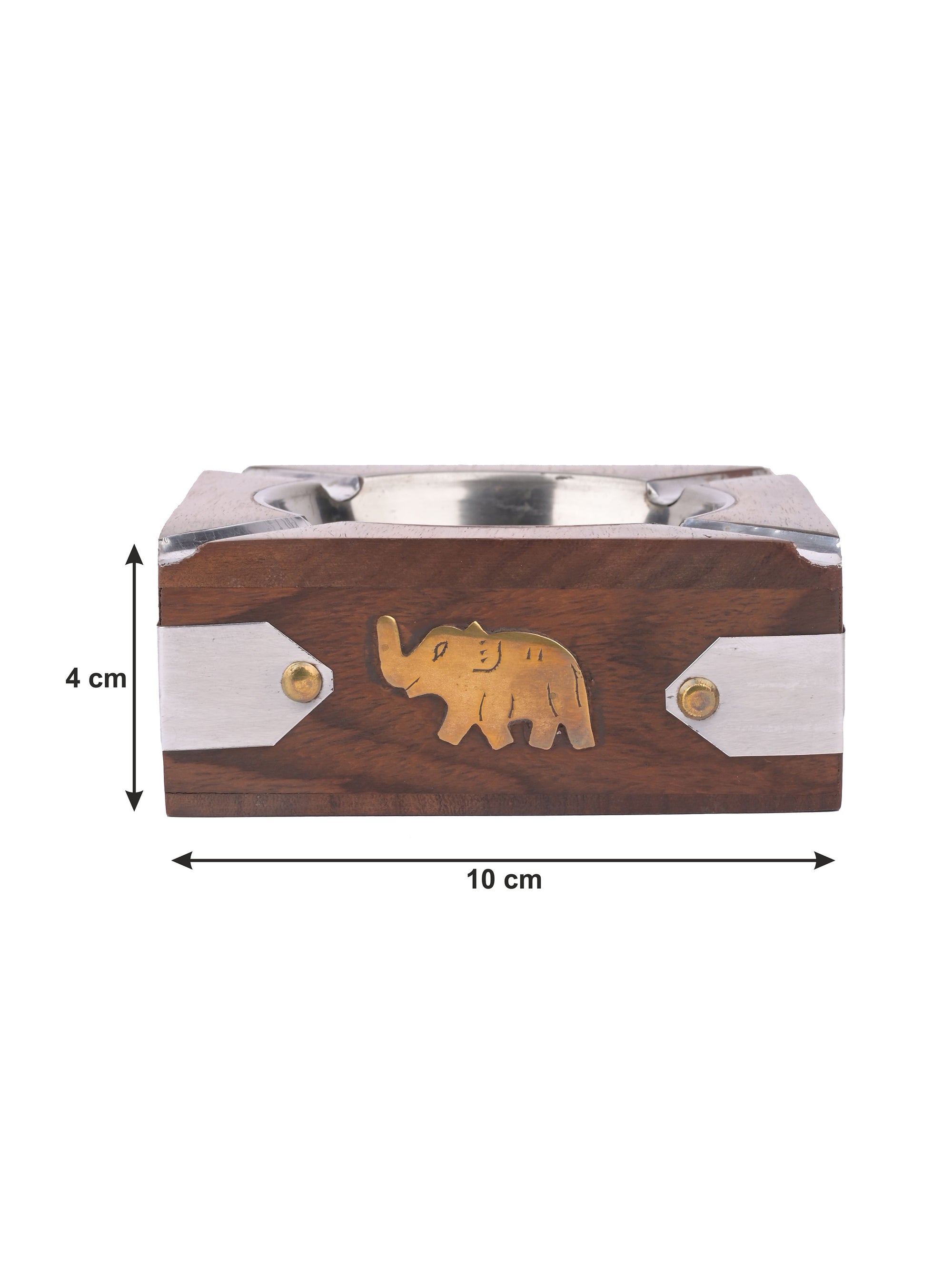 Square Wooden Ashtray with Metal Top and Elephant design on the side - The Heritage Artifacts