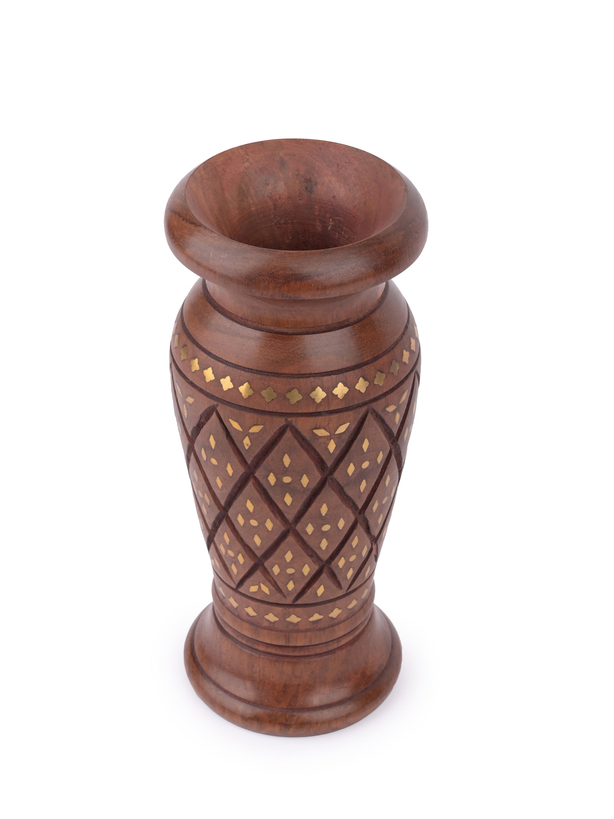Wood crafted Flower Vase with Brass Inlay work - 9 inches height - The Heritage Artifacts