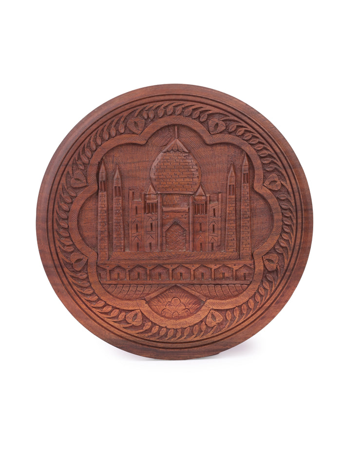 Hand crafted, round shaped, wooden Taj Mahal wall hanging - The Heritage Artifacts