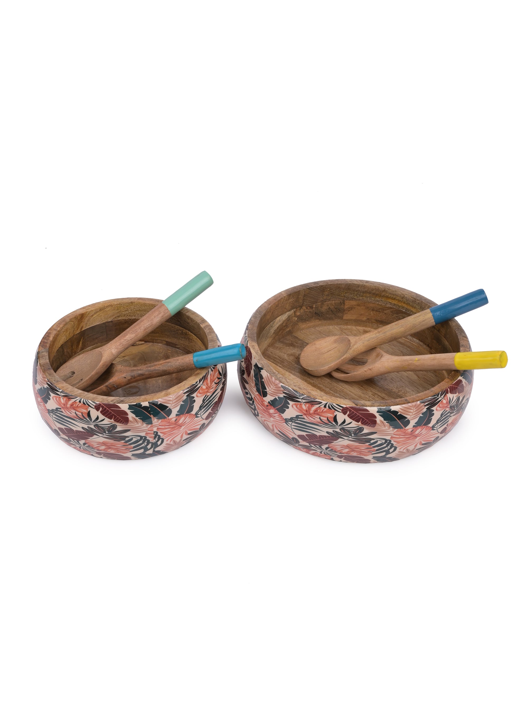 Multi color enamel printed wooden serving bowl set - The Heritage Artifacts