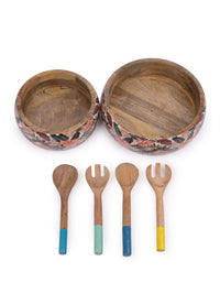 Multi color enamel printed wooden serving bowl set - The Heritage Artifacts