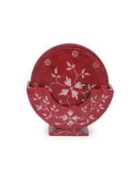 6 pcs hand crafted coaster set with stand made of red soapstone - The Heritage Artifacts