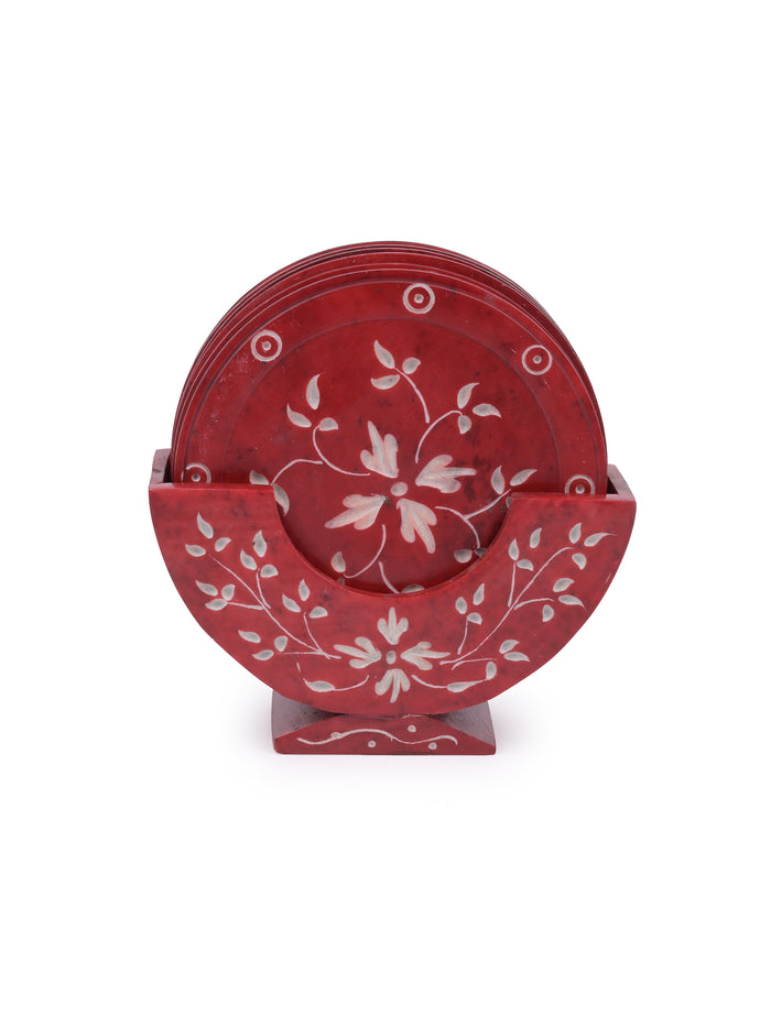6 pcs hand crafted coaster set with stand made of red soapstone - The Heritage Artifacts