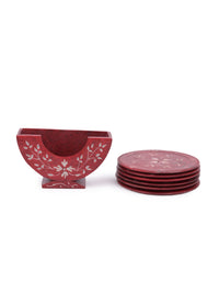 6 pcs hand crafted coaster set with stand made of red soapstone - The Heritage Artifacts
